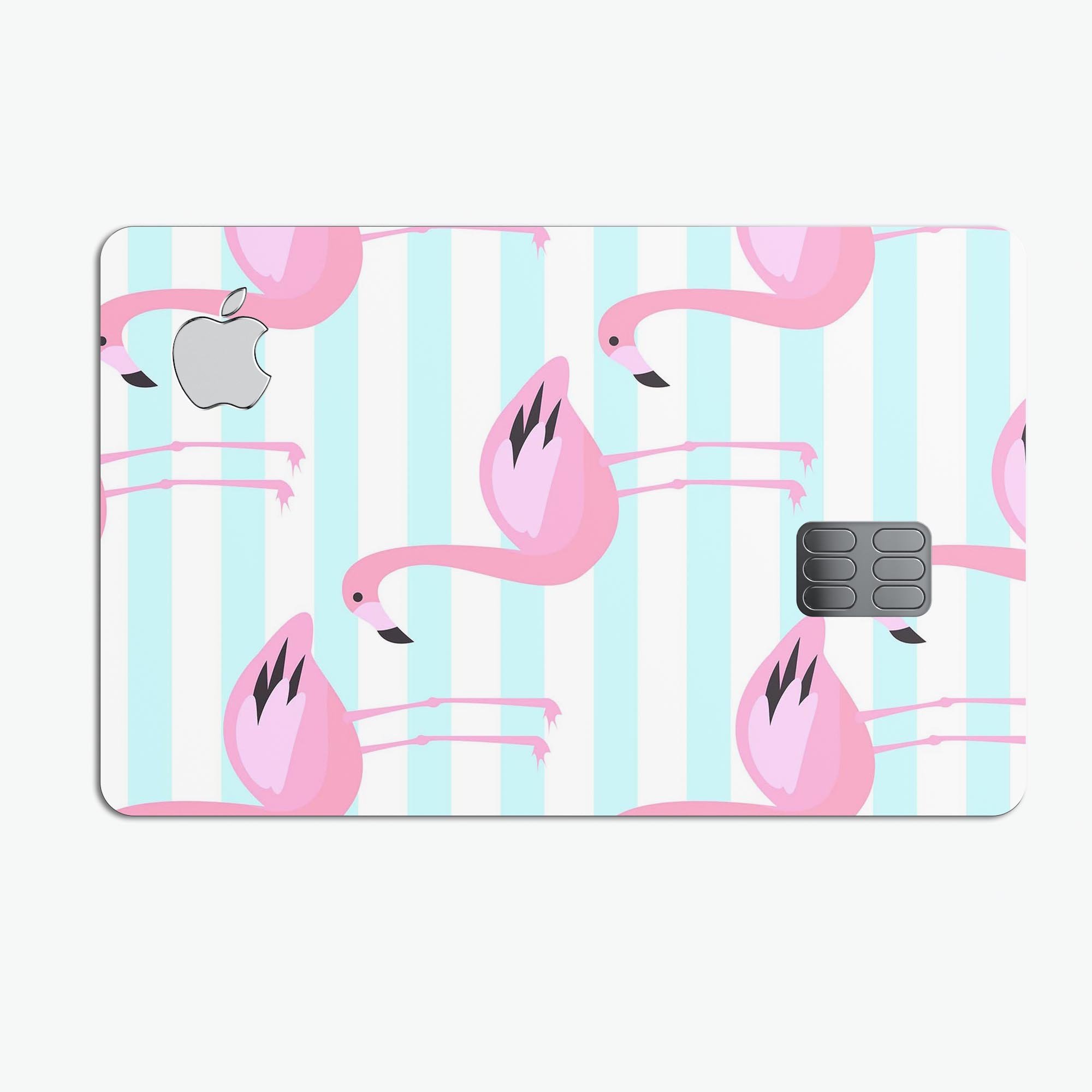 Pink Flamingos Over Blue Stripes decal skin for Apple Card, showcasing vibrant colors and a stylish design.