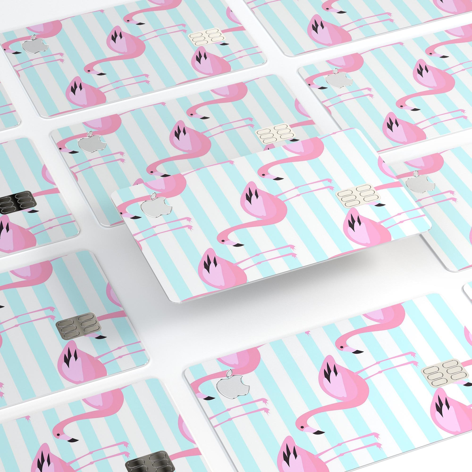 Pink Flamingos Over Blue Stripes decal skin for Apple Card, showcasing vibrant colors and a stylish design.