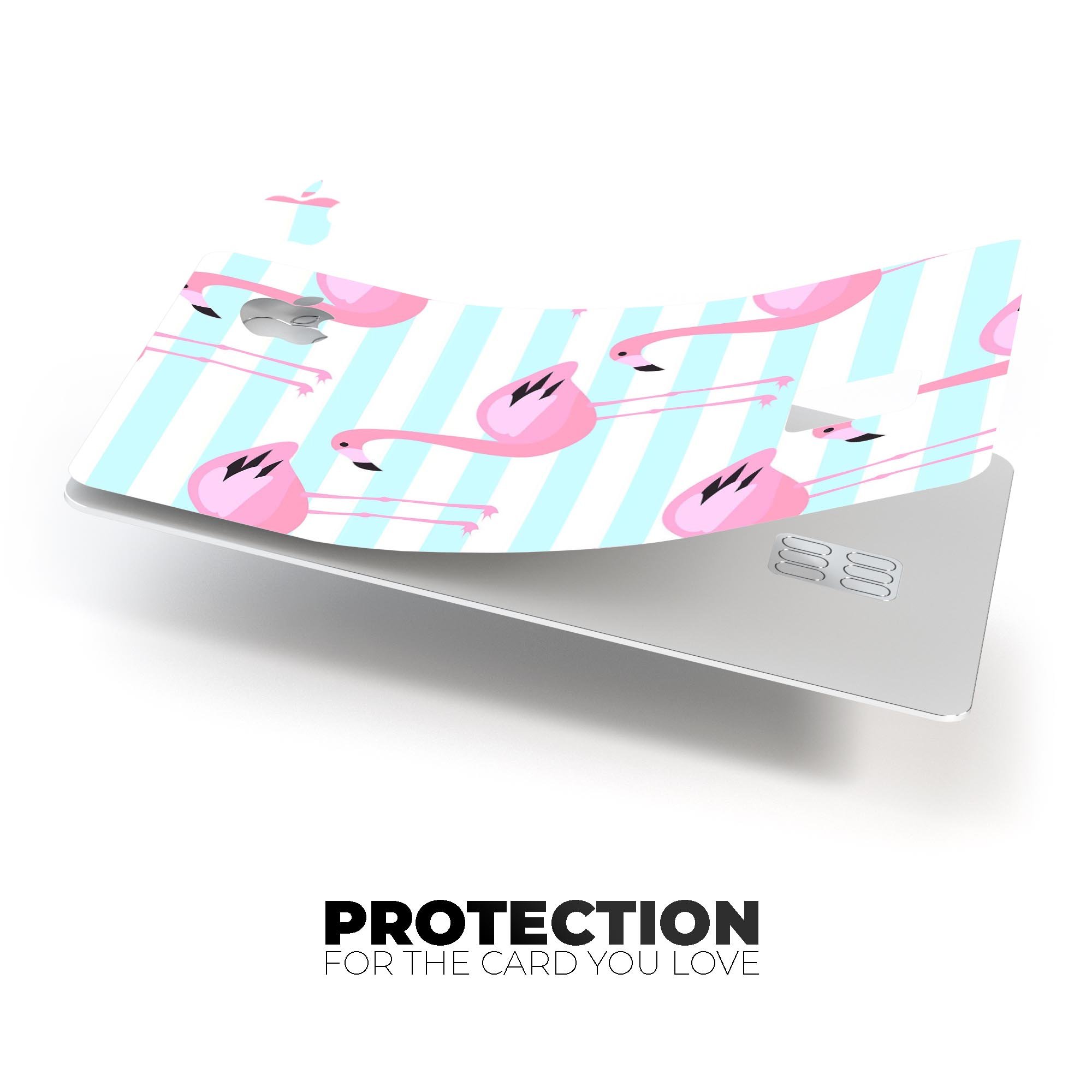 Pink Flamingos Over Blue Stripes decal skin for Apple Card, showcasing vibrant colors and a stylish design.