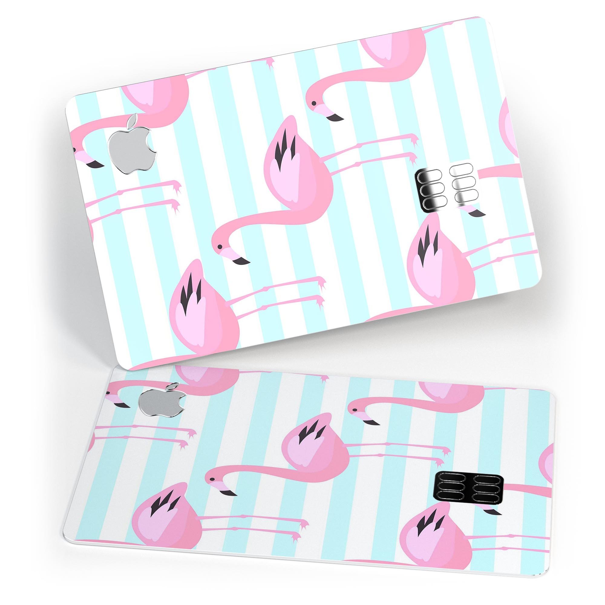 Pink Flamingos Over Blue Stripes decal skin for Apple Card, showcasing vibrant colors and a stylish design.