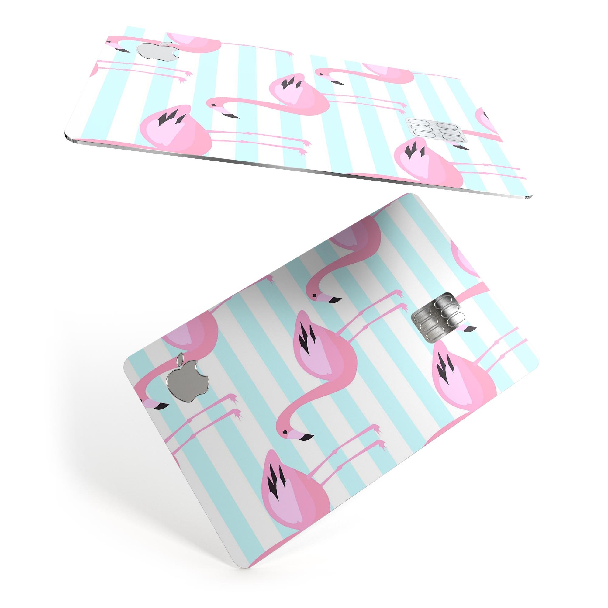 Pink Flamingos Over Blue Stripes decal skin for Apple Card, showcasing vibrant colors and a stylish design.