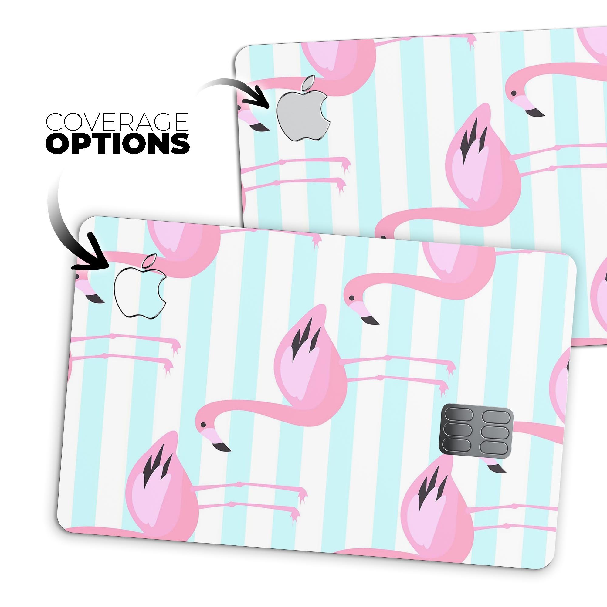 Pink Flamingos Over Blue Stripes decal skin for Apple Card, showcasing vibrant colors and a stylish design.