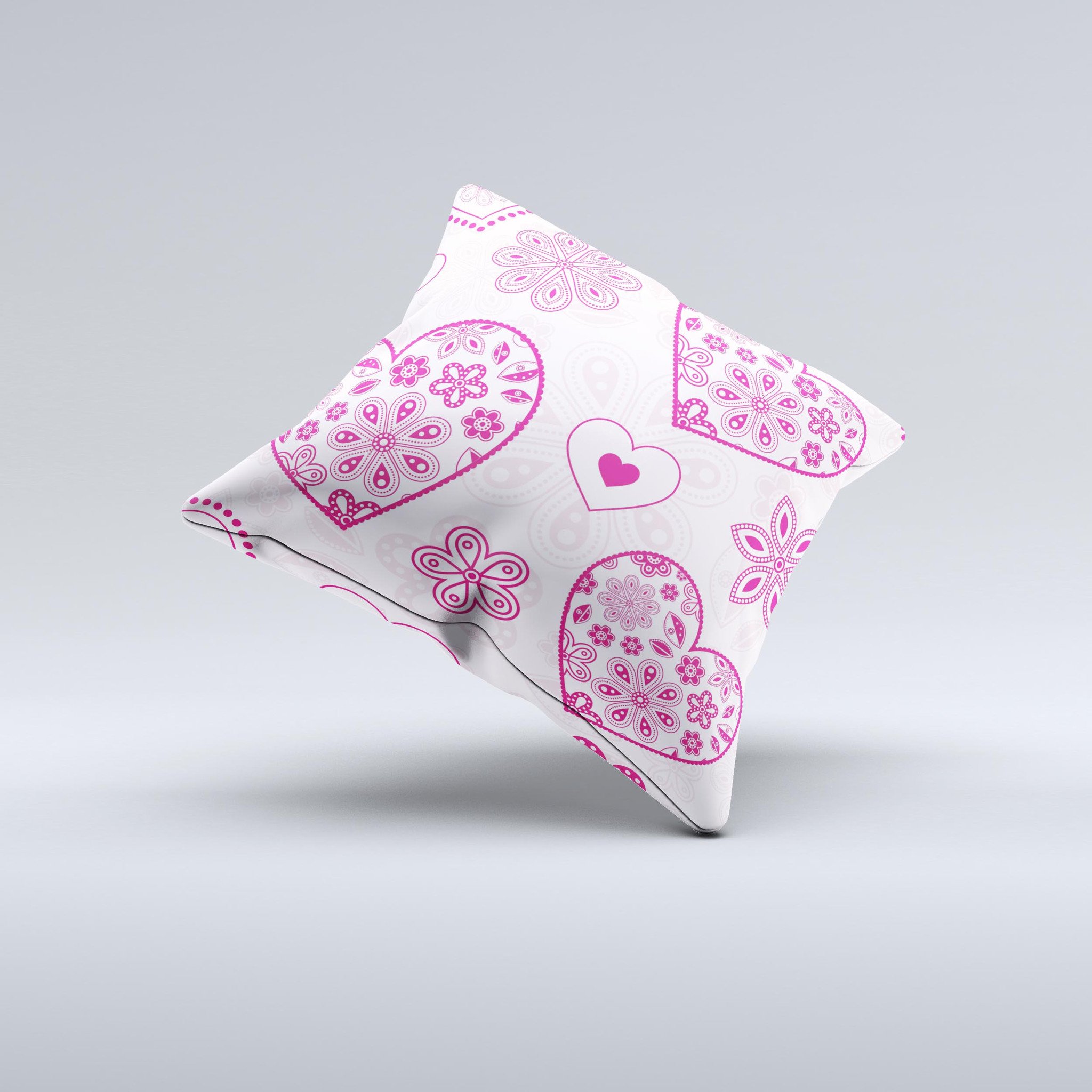 Pink Floral Designed Hearts decorative throw pillow with intricate floral patterns, handcrafted in Virginia, showcasing unique imperfections.