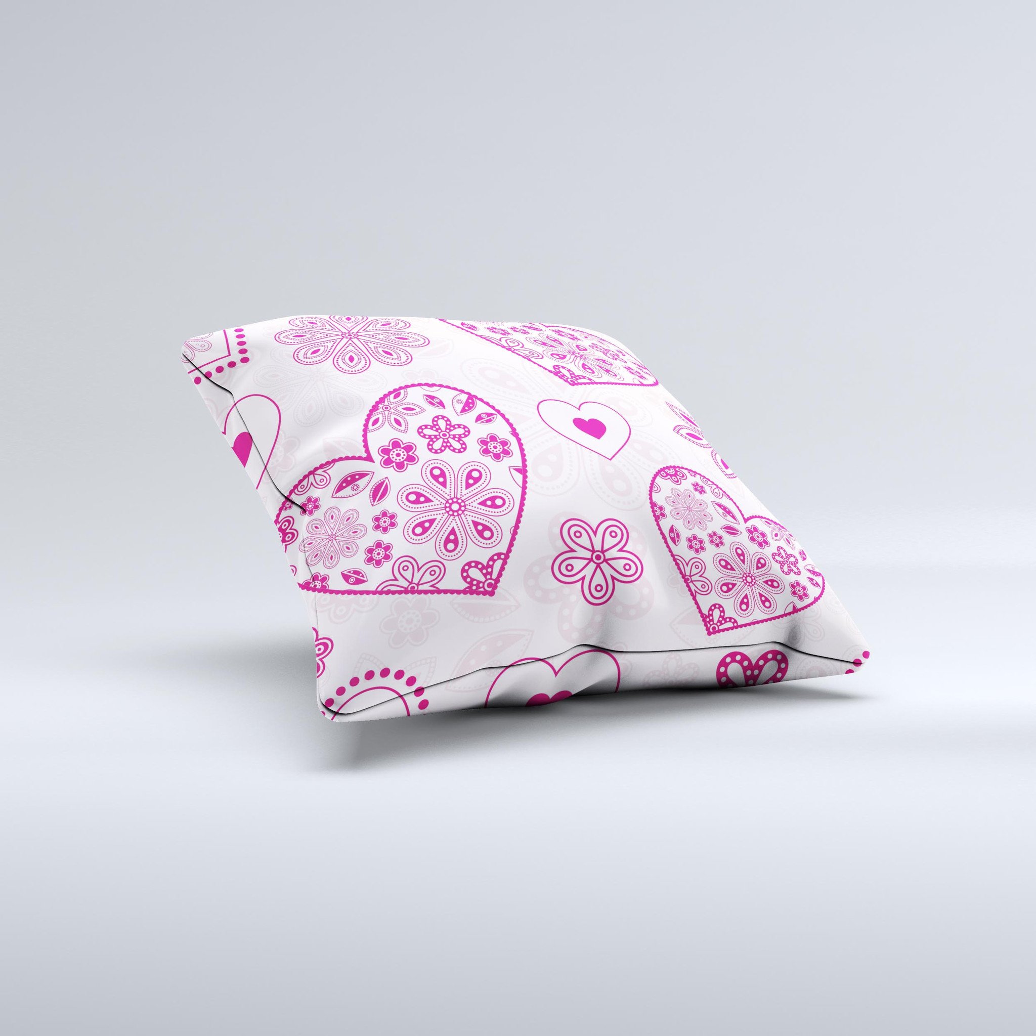 Pink Floral Designed Hearts decorative throw pillow with intricate floral patterns, handcrafted in Virginia, showcasing unique imperfections.