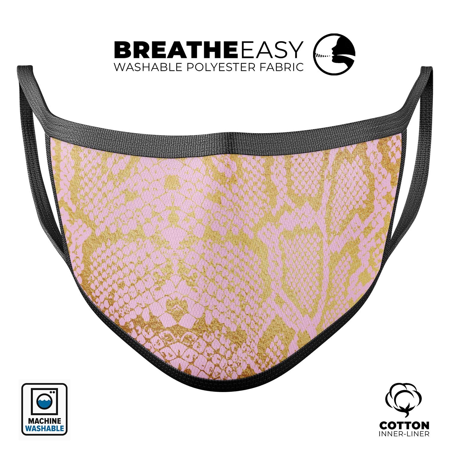 Pink Gold Flaked Animal v6 mouth cover, featuring a stylish design, adjustable ear loops, and made from soft cotton material.