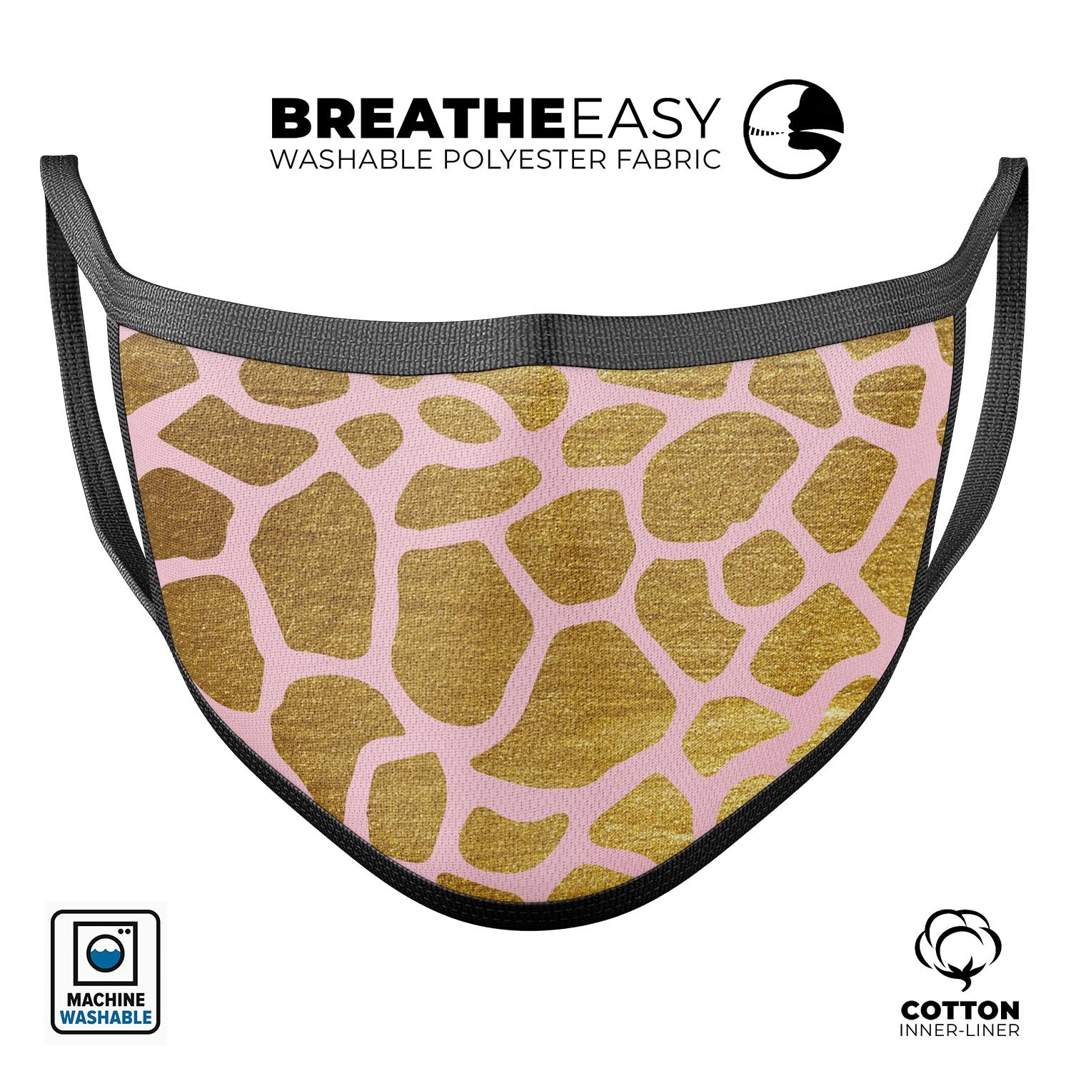 Pink Gold Flaked Animal v7 mouth cover, featuring a unique design, adjustable ear loops, and made from soft cotton for comfort.