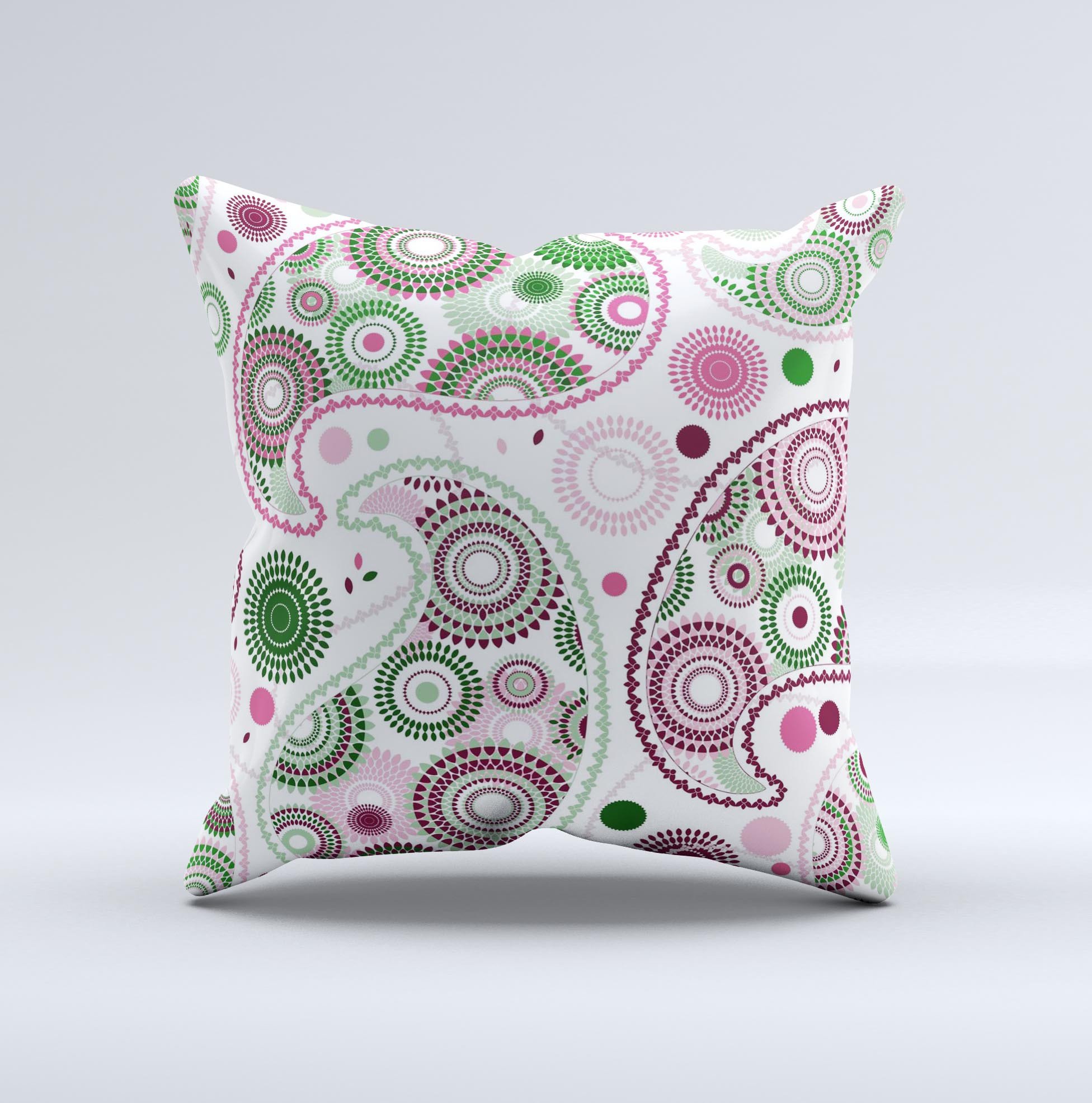 Pink and green floral paisley decorative throw pillow with intricate ink-fuzed design, handcrafted in Virginia.