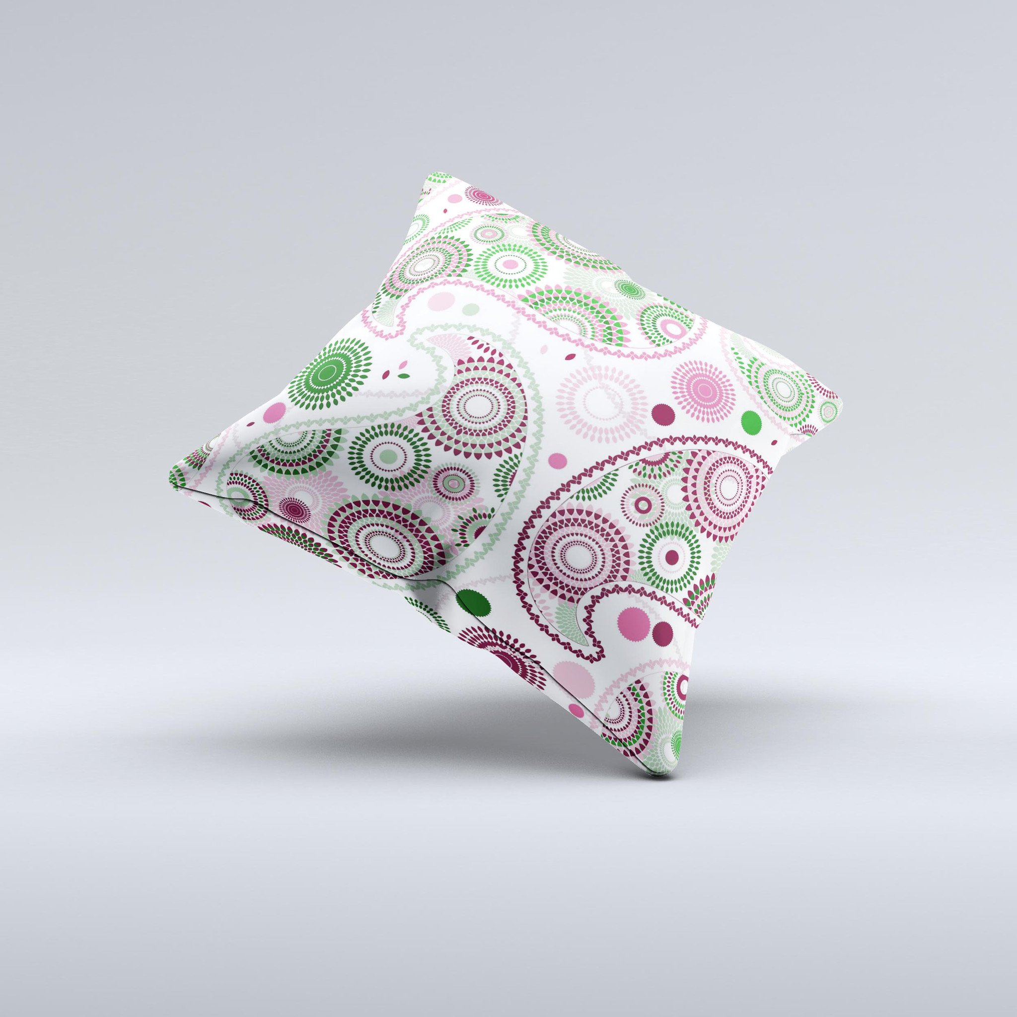 Pink and green floral paisley decorative throw pillow with intricate ink-fuzed design, handcrafted in Virginia.