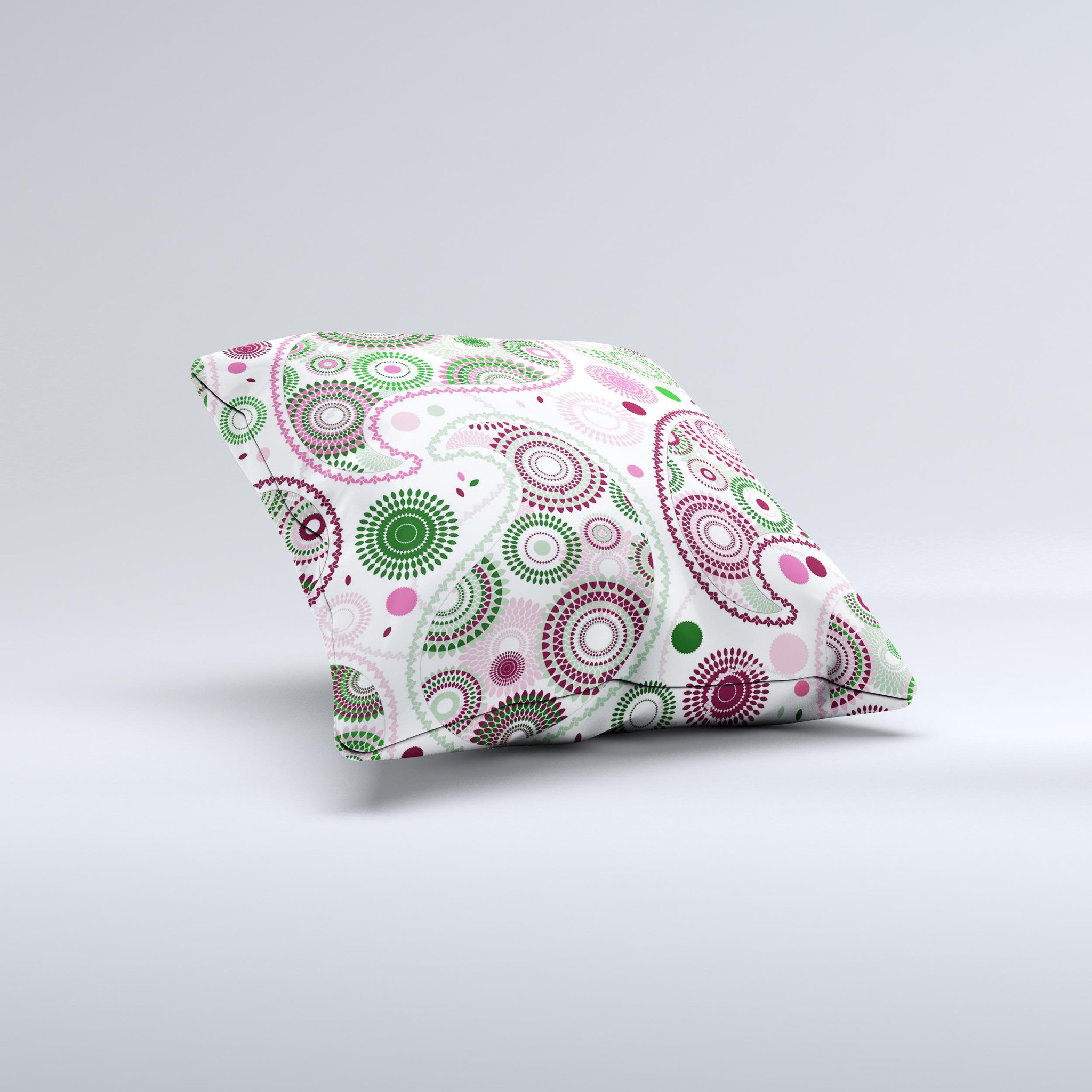 Pink and green floral paisley decorative throw pillow with intricate ink-fuzed design, handcrafted in Virginia.