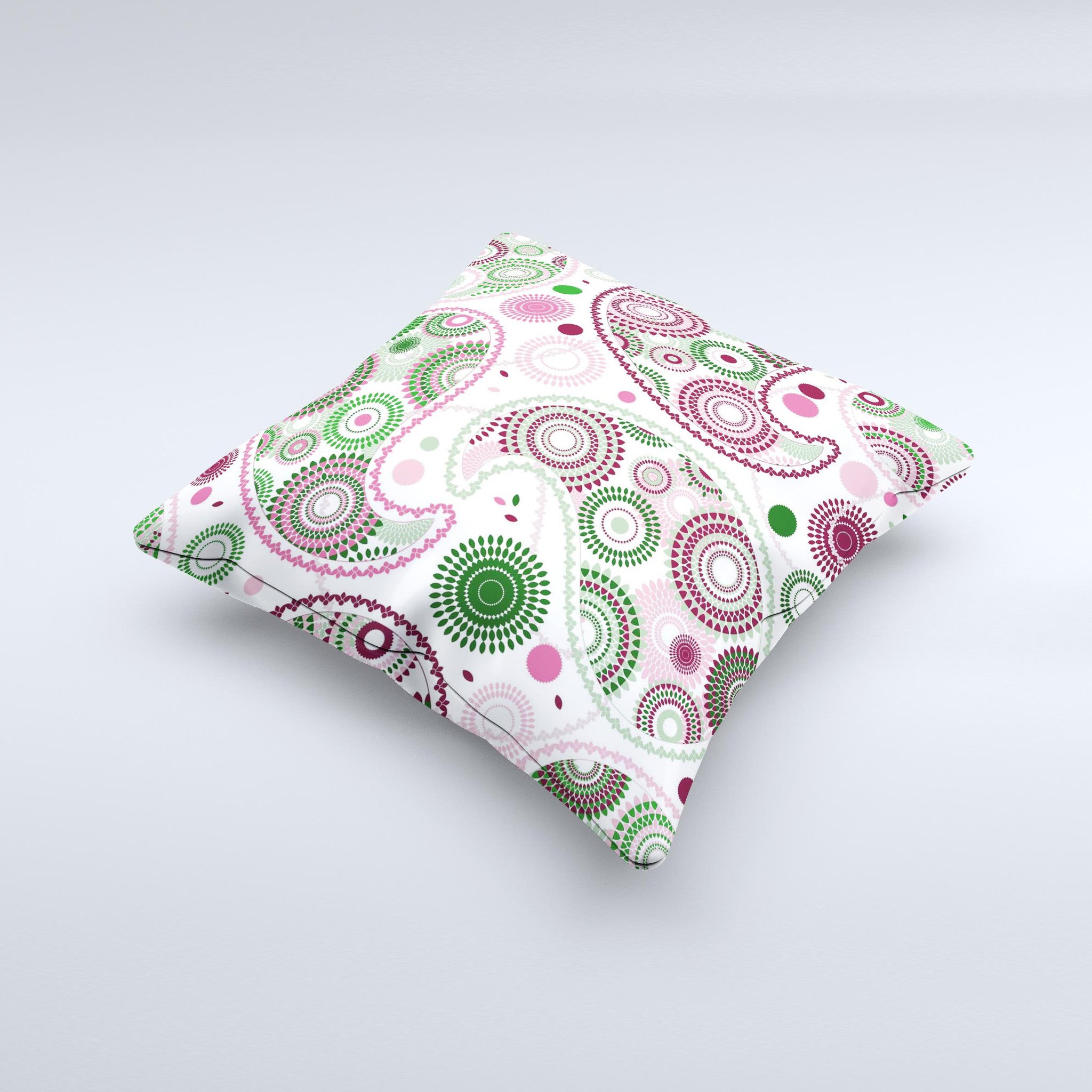 Pink and green floral paisley decorative throw pillow with intricate ink-fuzed design, handcrafted in Virginia.