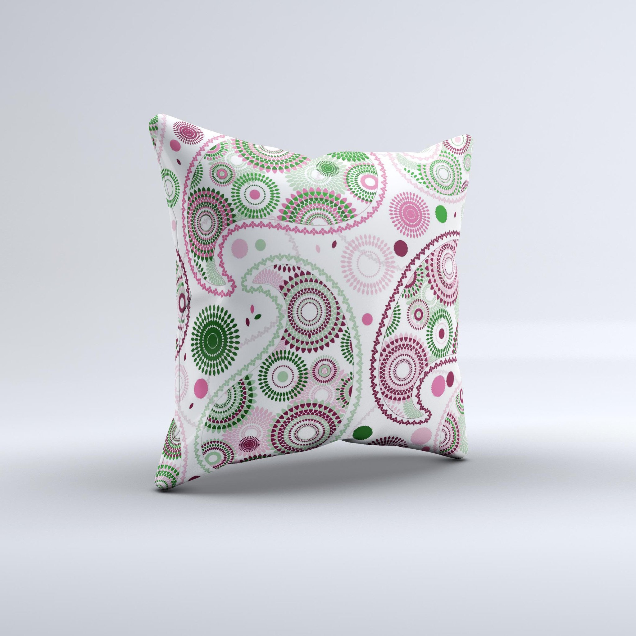 Pink and green floral paisley decorative throw pillow with intricate ink-fuzed design, handcrafted in Virginia.