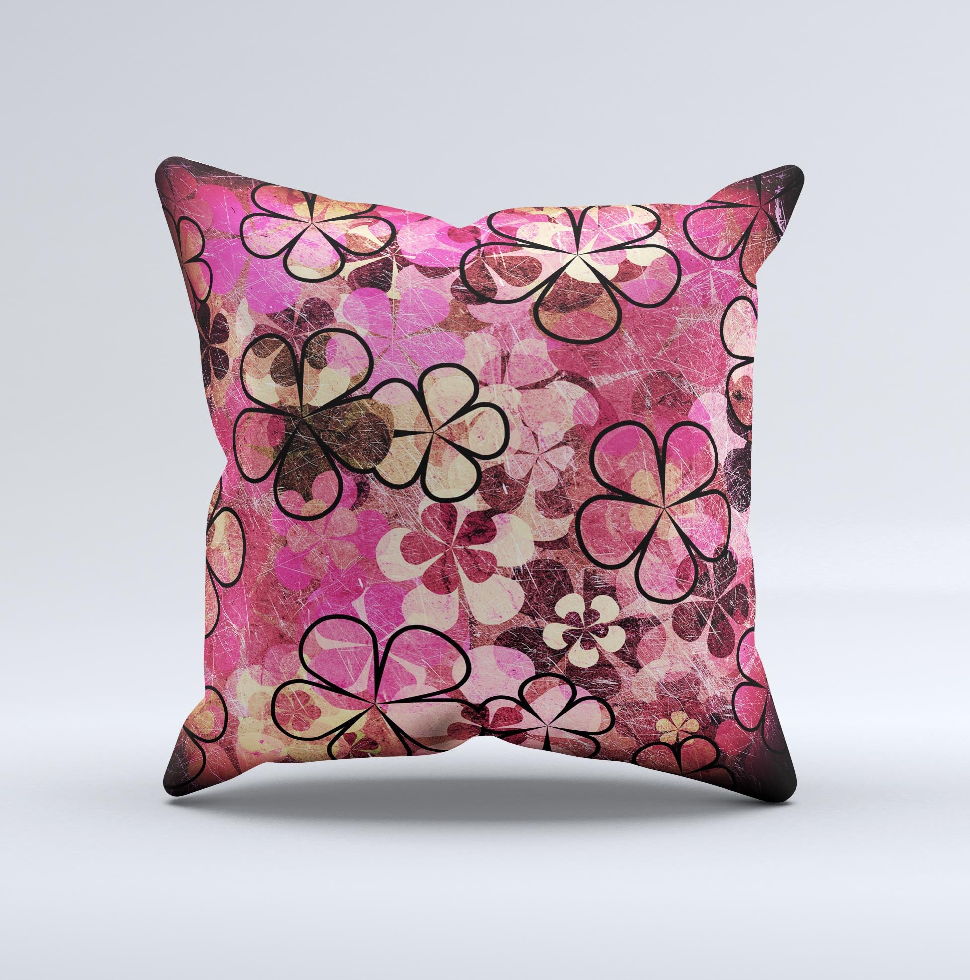 Pink Grungy Floral Abstract Ink-Fuzed Decorative Throw Pillow showcasing vibrant floral patterns and unique abstract designs.