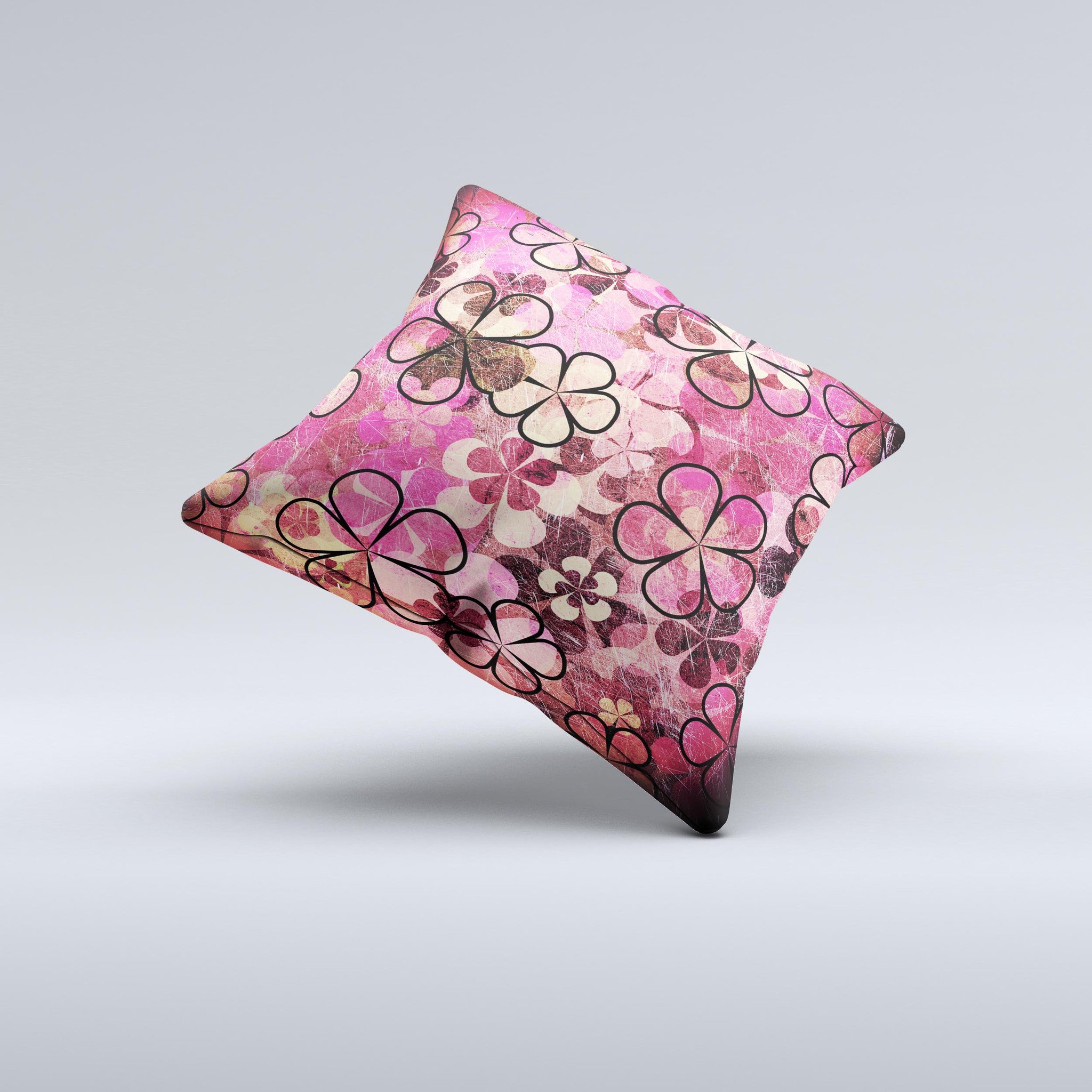 Pink Grungy Floral Abstract Ink-Fuzed Decorative Throw Pillow showcasing vibrant floral patterns and unique abstract designs.