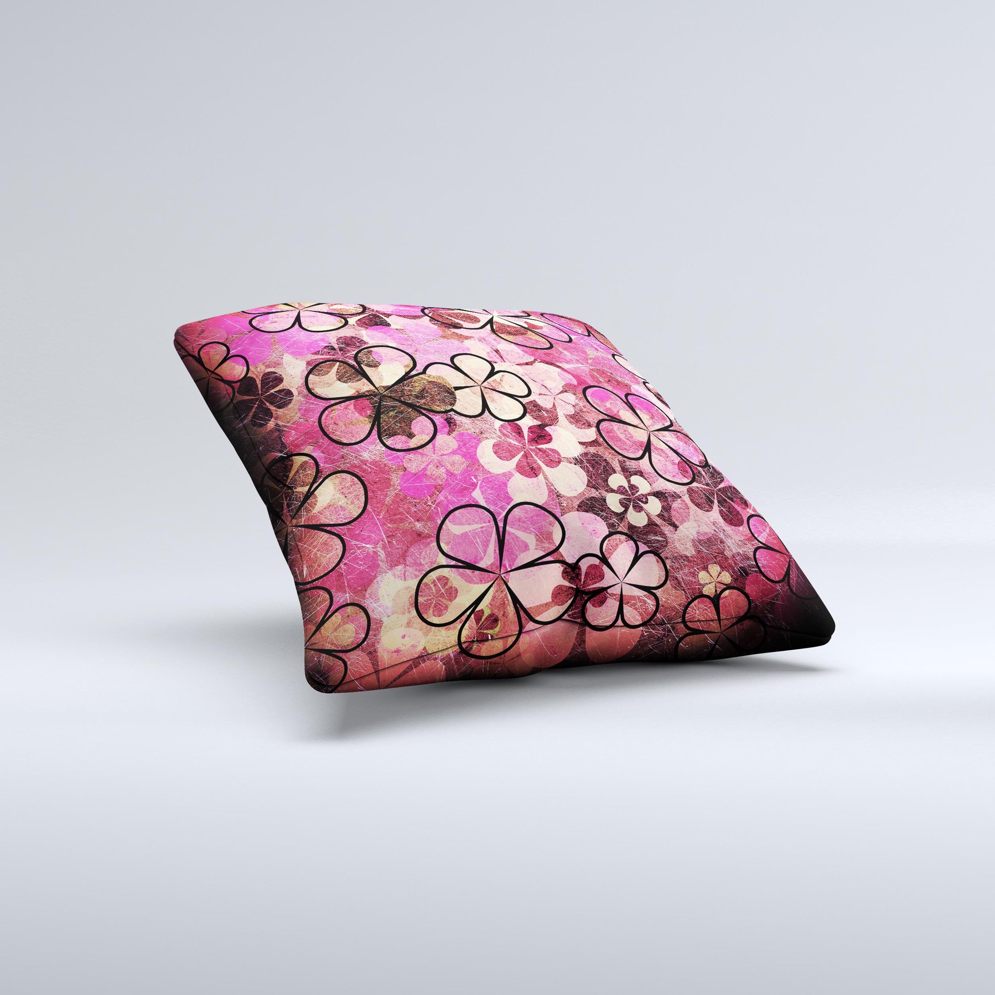 Pink Grungy Floral Abstract Ink-Fuzed Decorative Throw Pillow showcasing vibrant floral patterns and unique abstract designs.