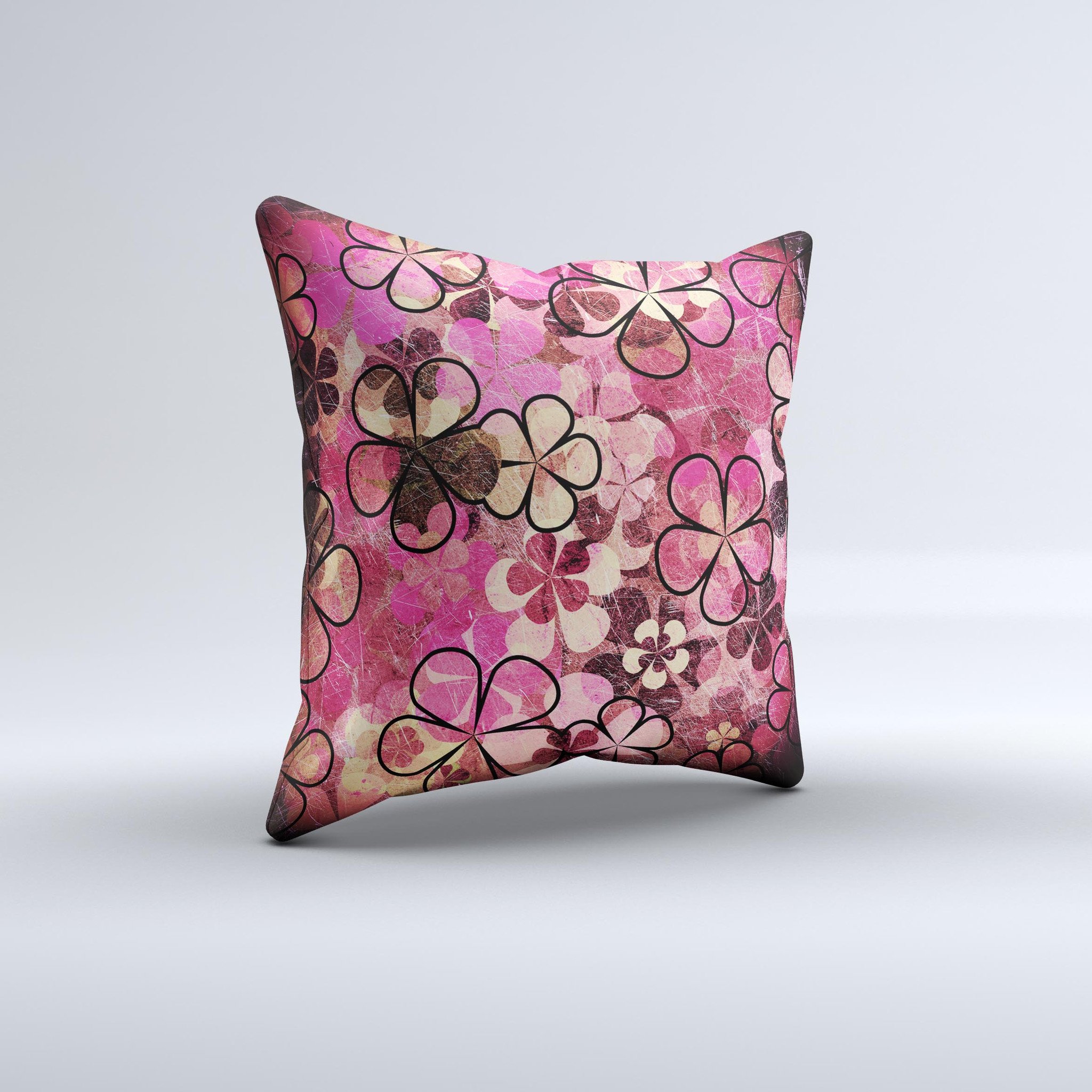 Pink Grungy Floral Abstract Ink-Fuzed Decorative Throw Pillow showcasing vibrant floral patterns and unique abstract designs.