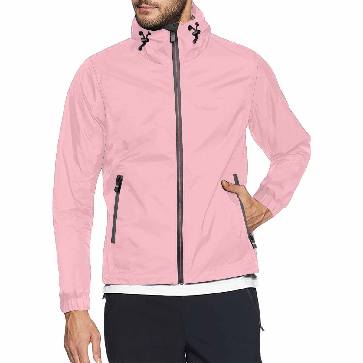 A stylish pink hooded windbreaker jacket for men and women, featuring a full zip, two zippered pockets, and adjustable hood.