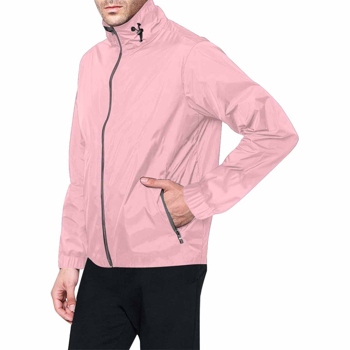 A stylish pink hooded windbreaker jacket for men and women, featuring a full zip, two zippered pockets, and adjustable hood.