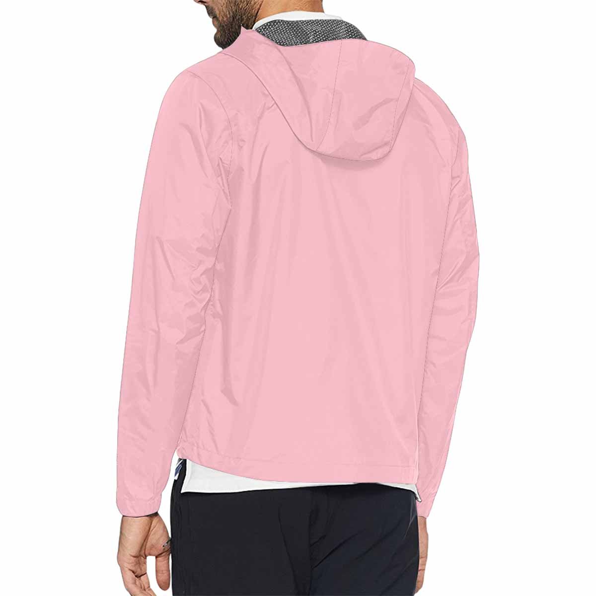 A stylish pink hooded windbreaker jacket for men and women, featuring a full zip, two zippered pockets, and adjustable hood.