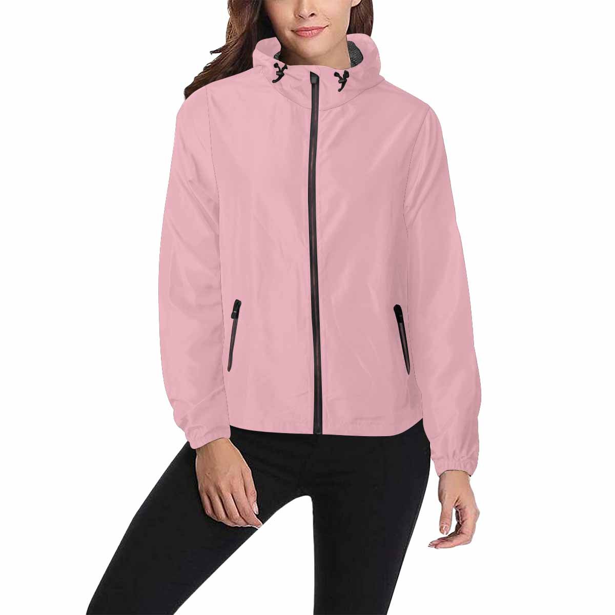 A stylish pink hooded windbreaker jacket for men and women, featuring a full zip, two zippered pockets, and adjustable hood.