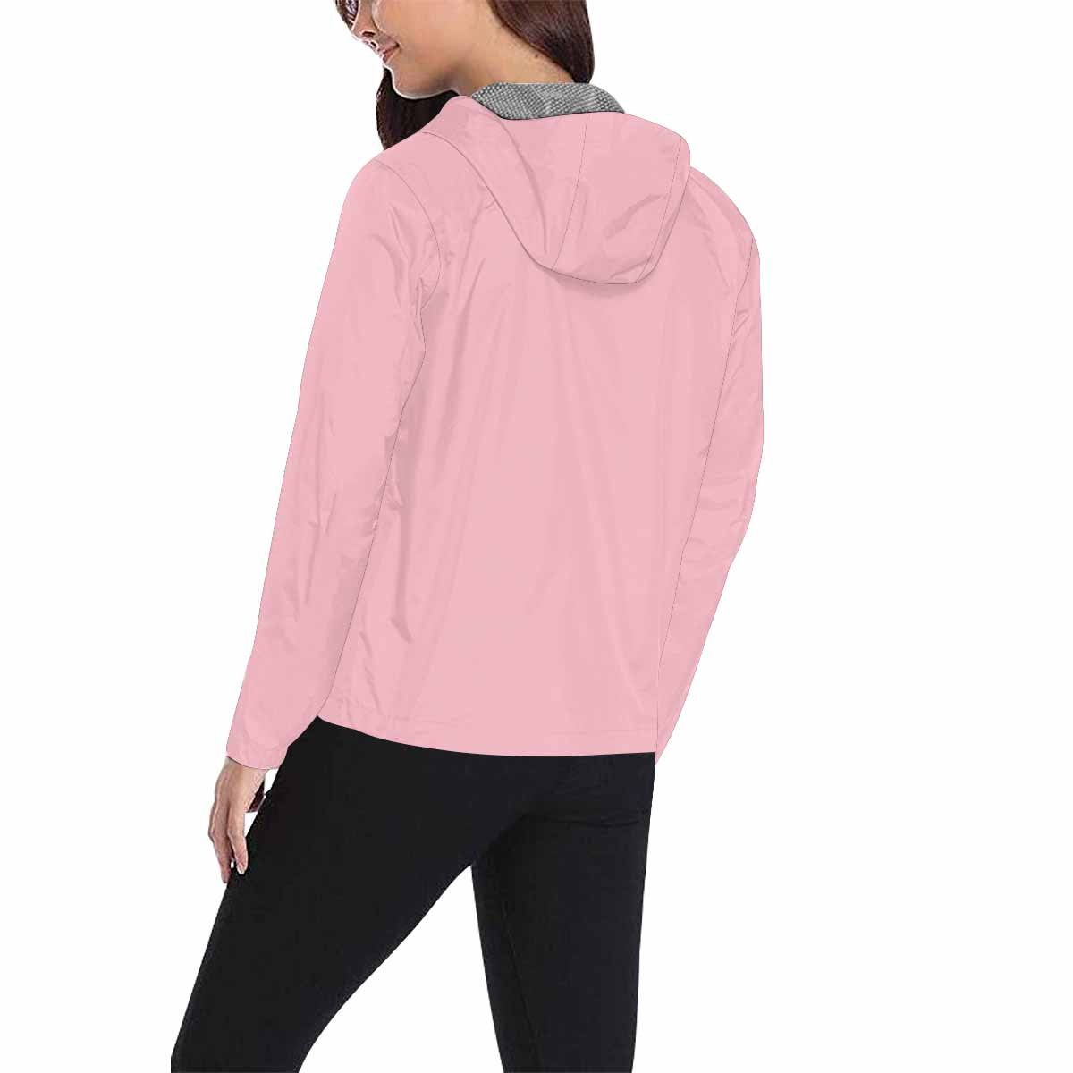 A stylish pink hooded windbreaker jacket for men and women, featuring a full zip, two zippered pockets, and adjustable hood.