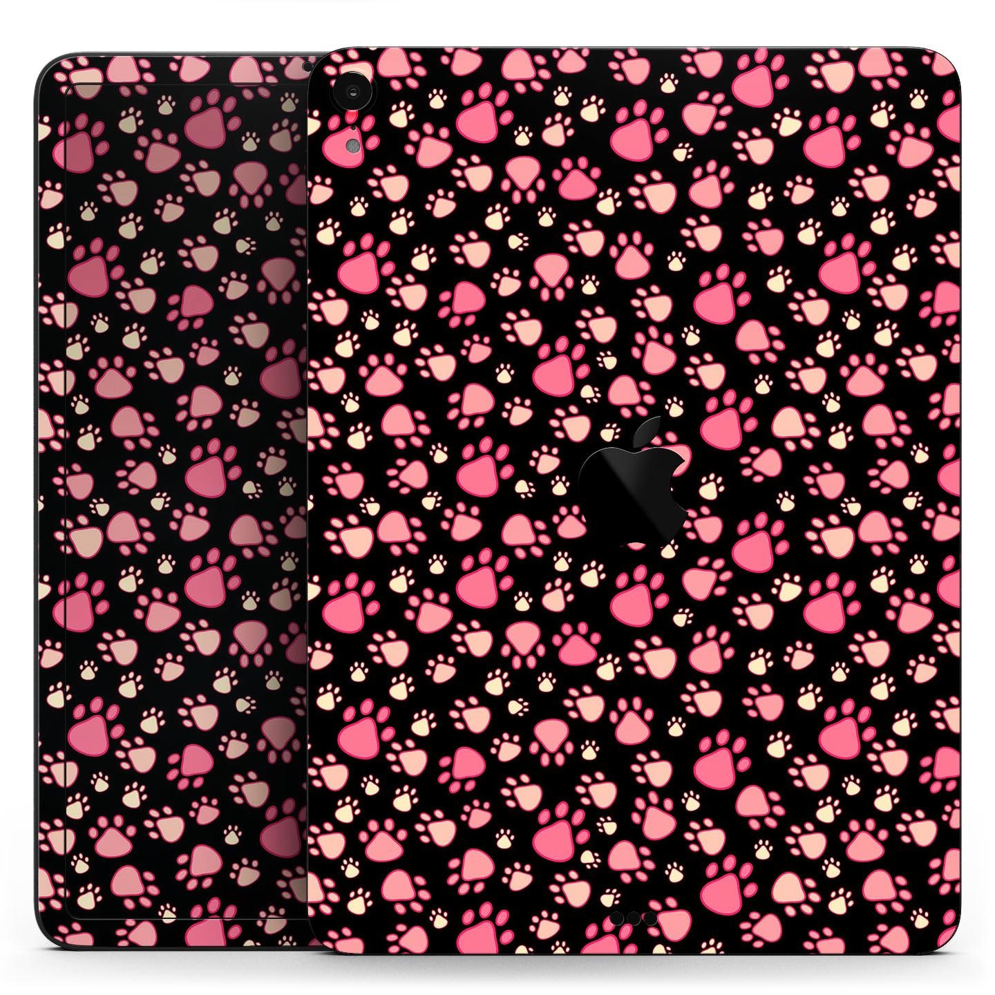 Full body skin decal featuring pink paw prints on a black background designed for Apple iPad Pro, showcasing its stylish and protective features.