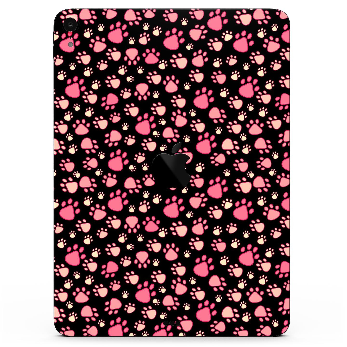 Full body skin decal featuring pink paw prints on a black background designed for Apple iPad Pro, showcasing its stylish and protective features.