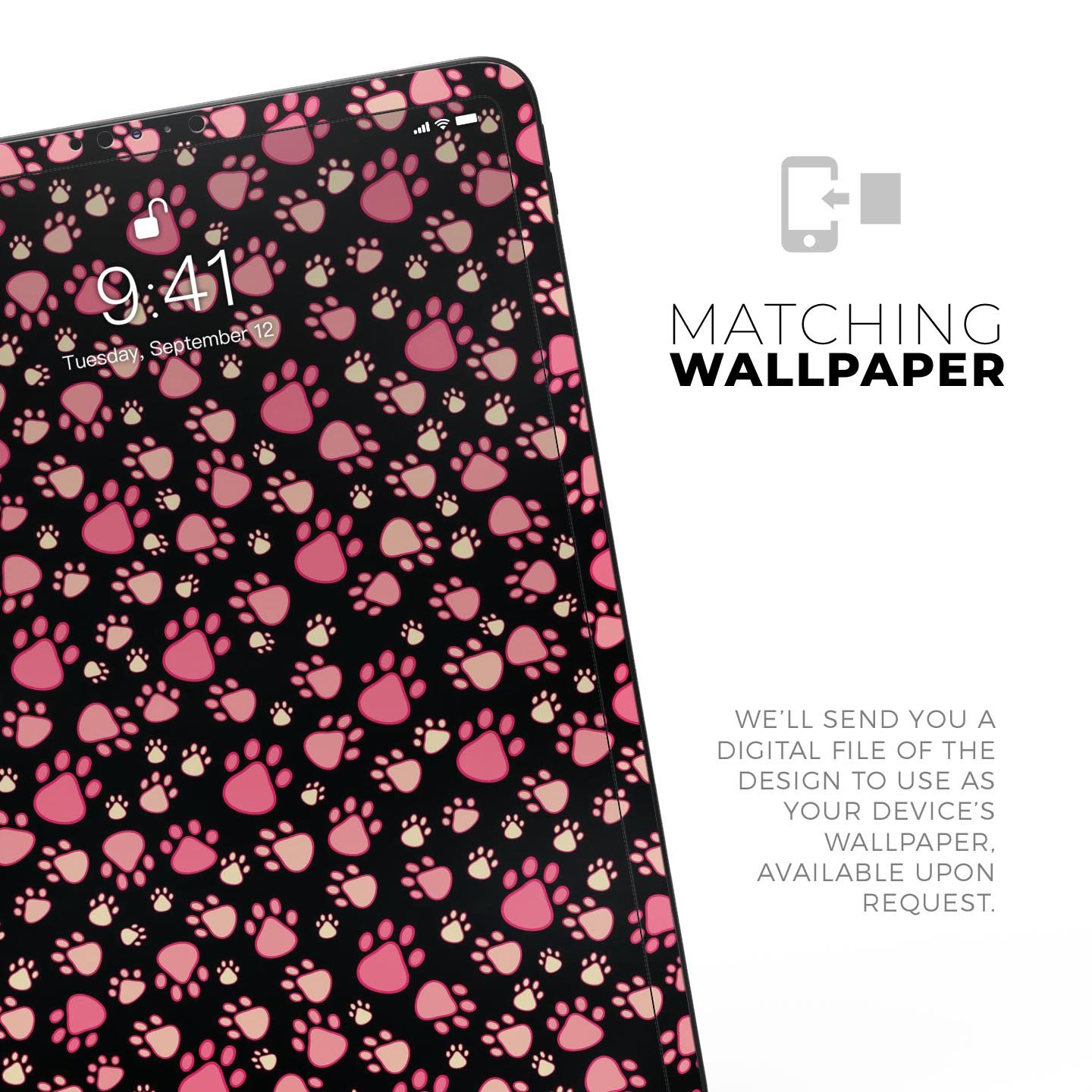 Full body skin decal featuring pink paw prints on a black background designed for Apple iPad Pro, showcasing its stylish and protective features.