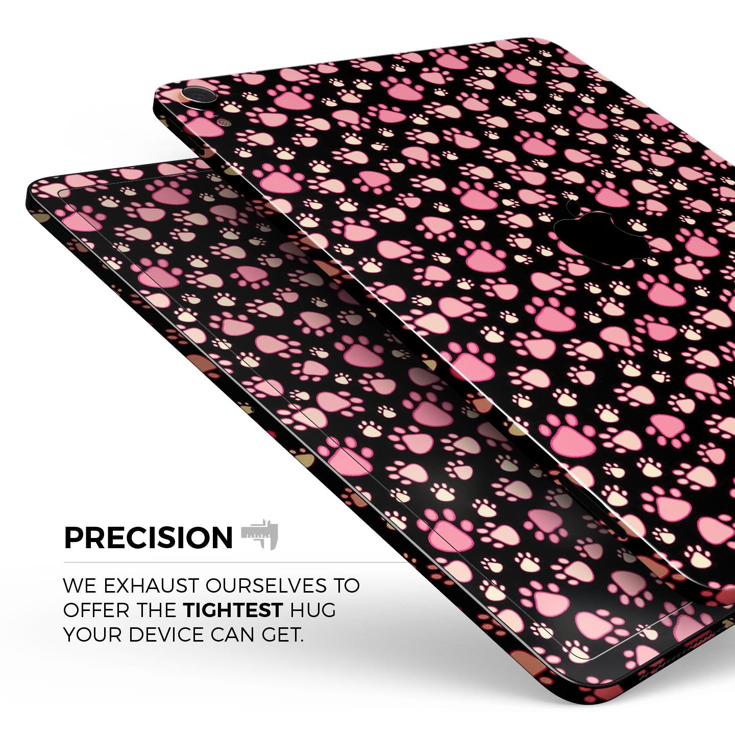 Full body skin decal featuring pink paw prints on a black background designed for Apple iPad Pro, showcasing its stylish and protective features.