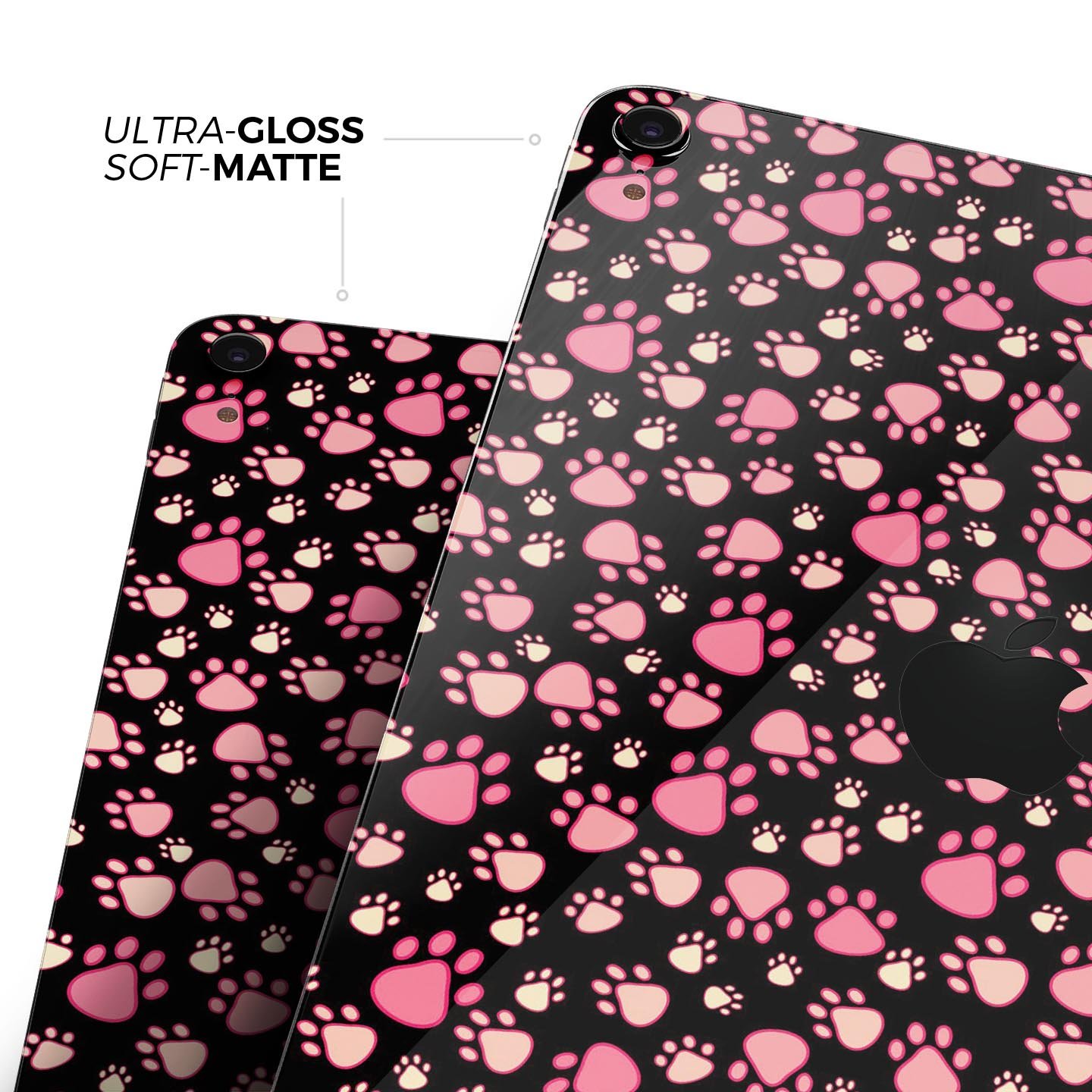 Full body skin decal featuring pink paw prints on a black background designed for Apple iPad Pro, showcasing its stylish and protective features.