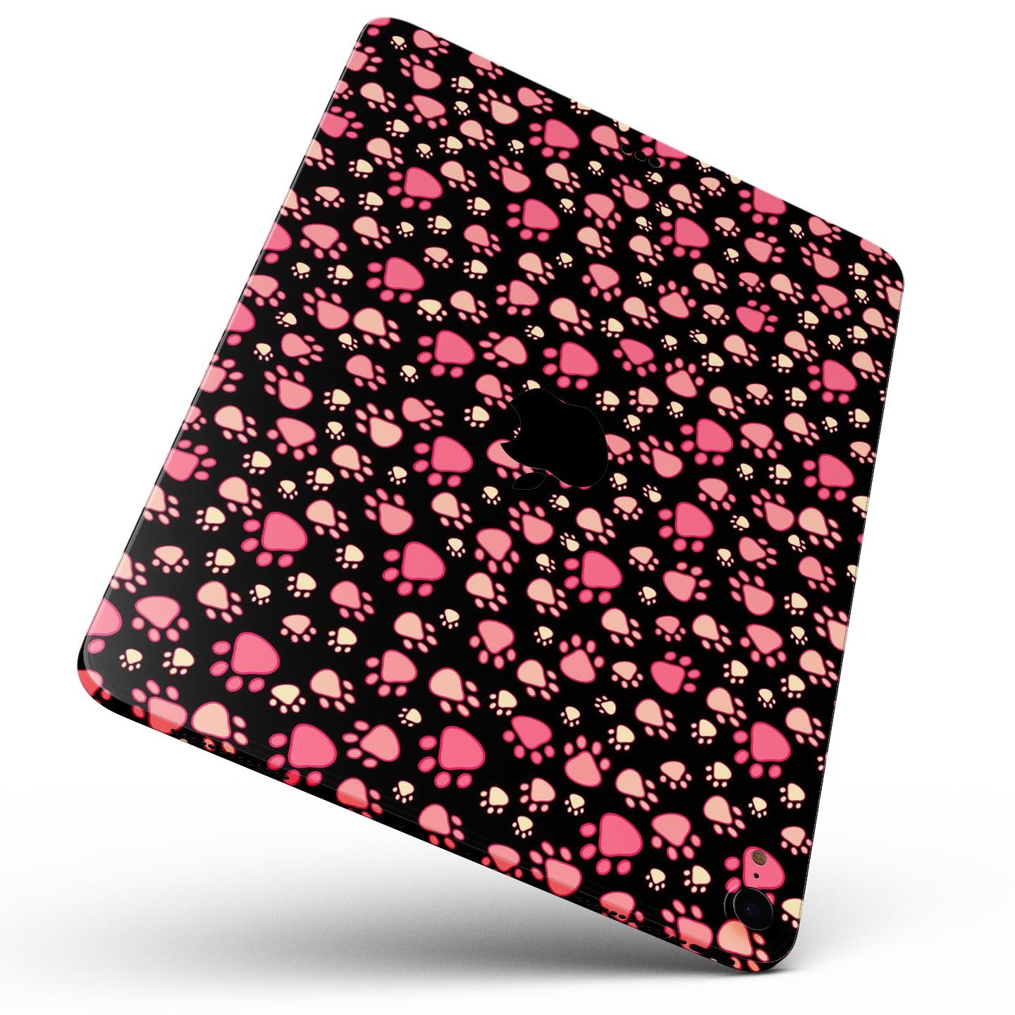 Full body skin decal featuring pink paw prints on a black background designed for Apple iPad Pro, showcasing its stylish and protective features.