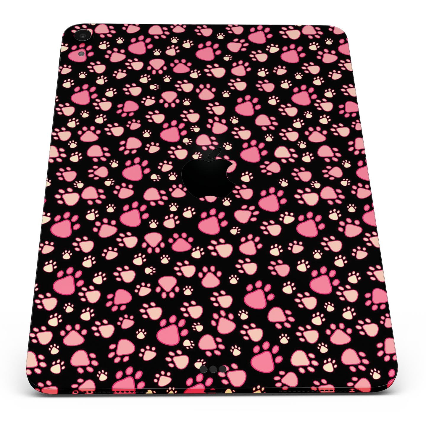 Full body skin decal featuring pink paw prints on a black background designed for Apple iPad Pro, showcasing its stylish and protective features.