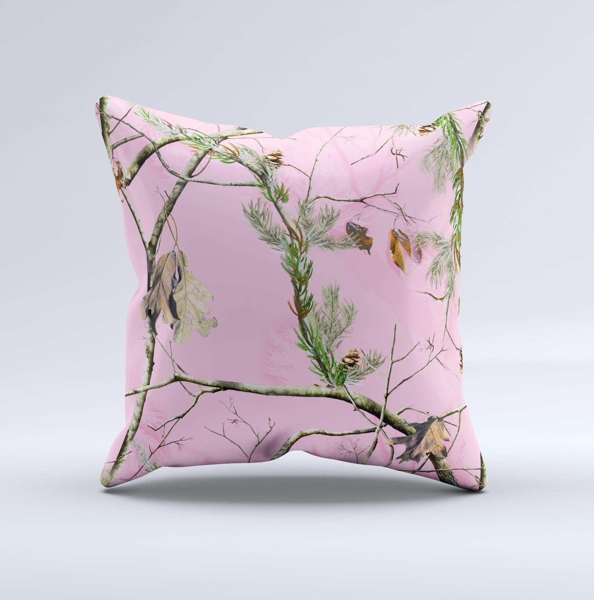 Pink Real Camouflage Ink-Fuzed Decorative Throw Pillow with high thread count fabric and unique handmade design.