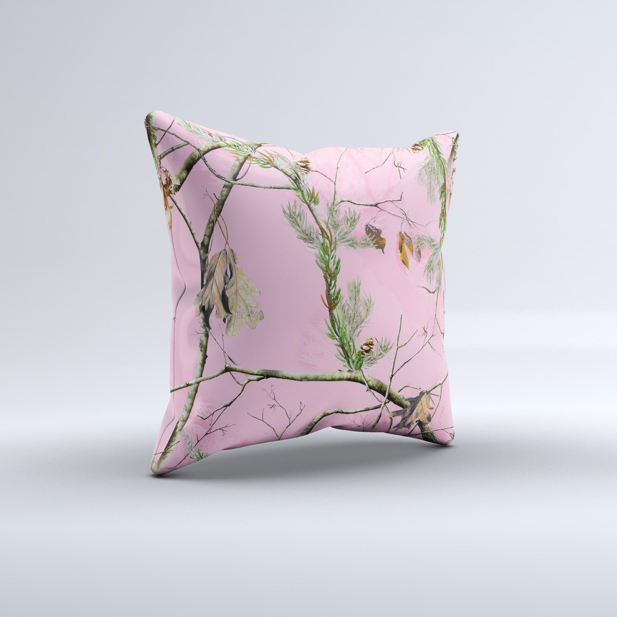 Pink Real Camouflage Ink-Fuzed Decorative Throw Pillow with high thread count fabric and unique handmade design.