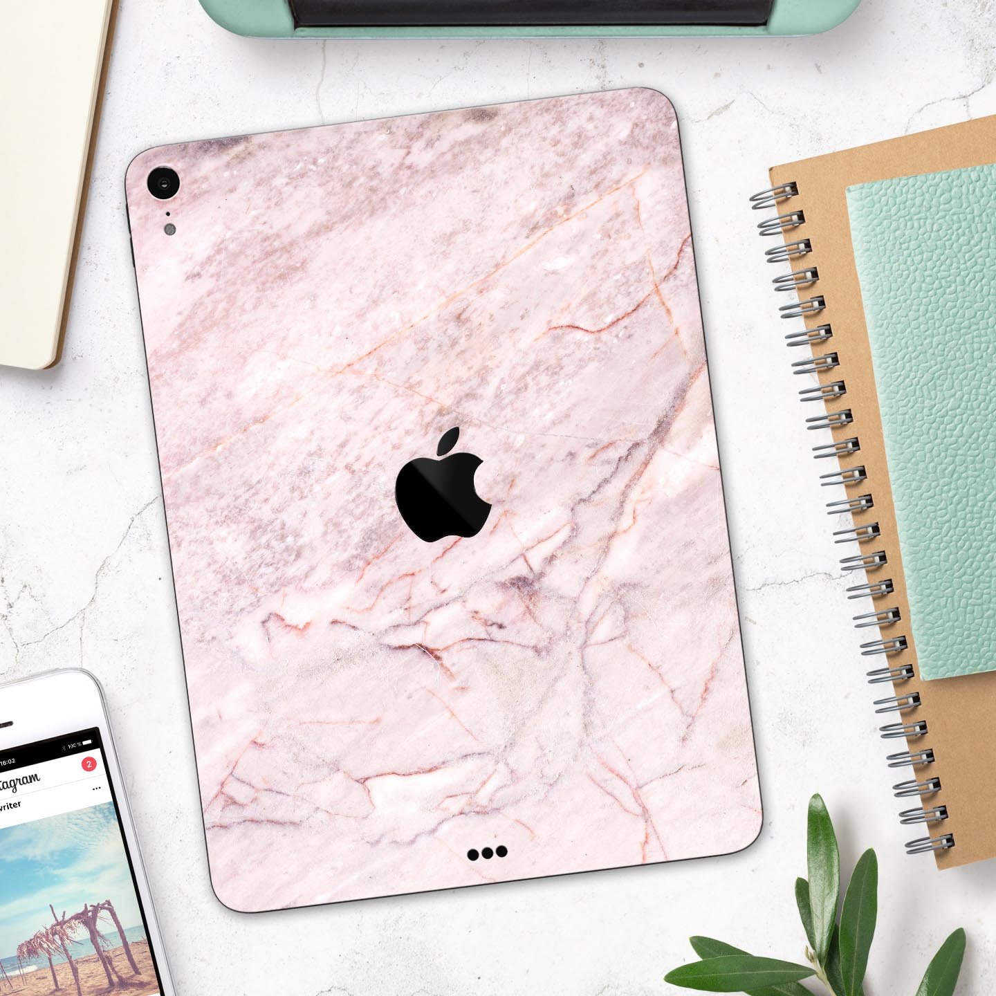 Pink Slate Marble Surface V7 skin decal for Apple iPad, showcasing a stylish marble design with premium finish.