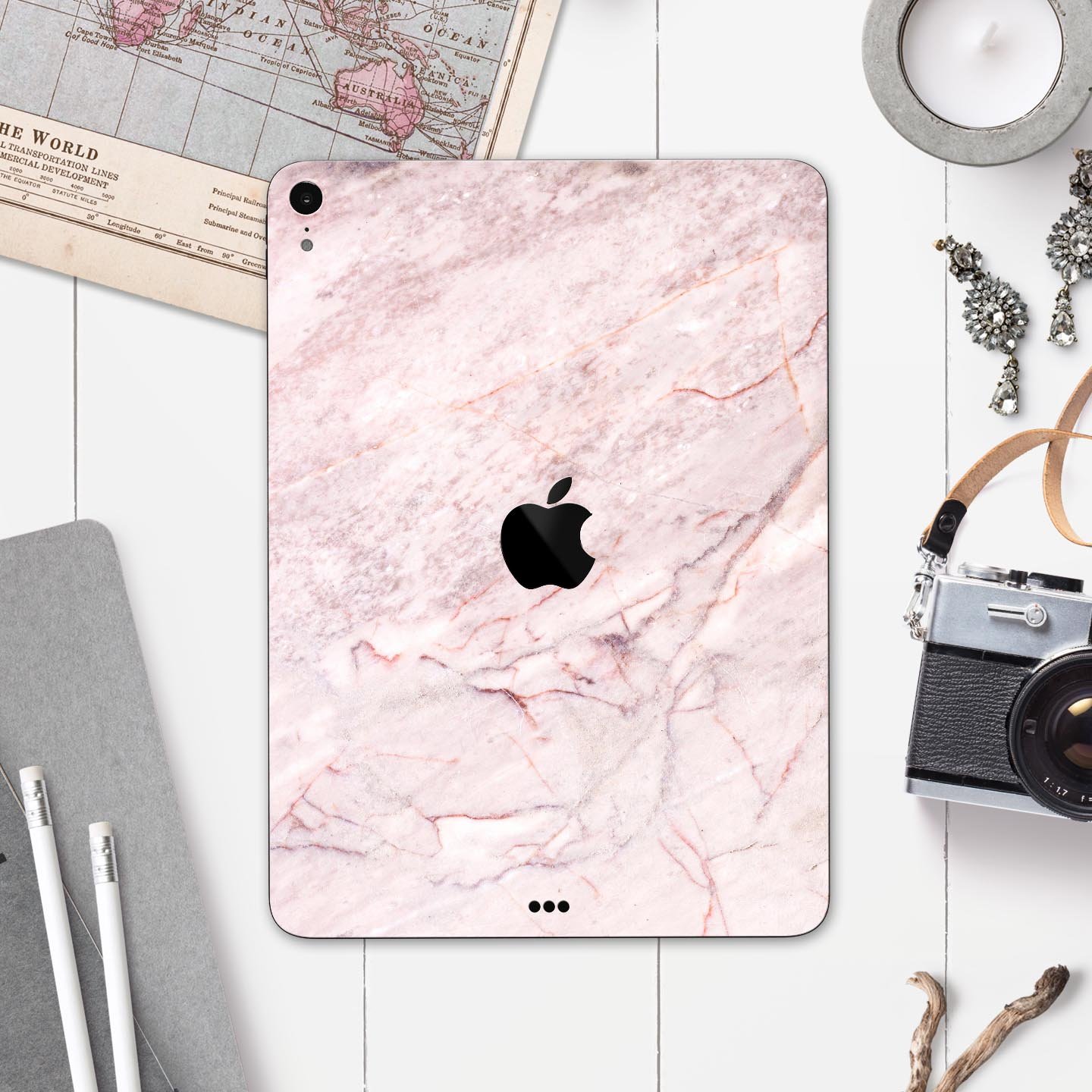 Pink Slate Marble Surface V7 skin decal for Apple iPad, showcasing a stylish marble design with premium finish.