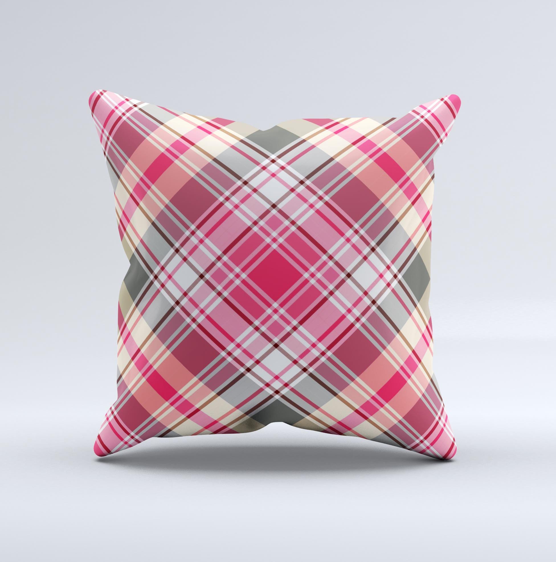 Pink and tan plaid layered pattern decorative throw pillow, handmade in Virginia with high thread count fabric and non-allergenic filling.