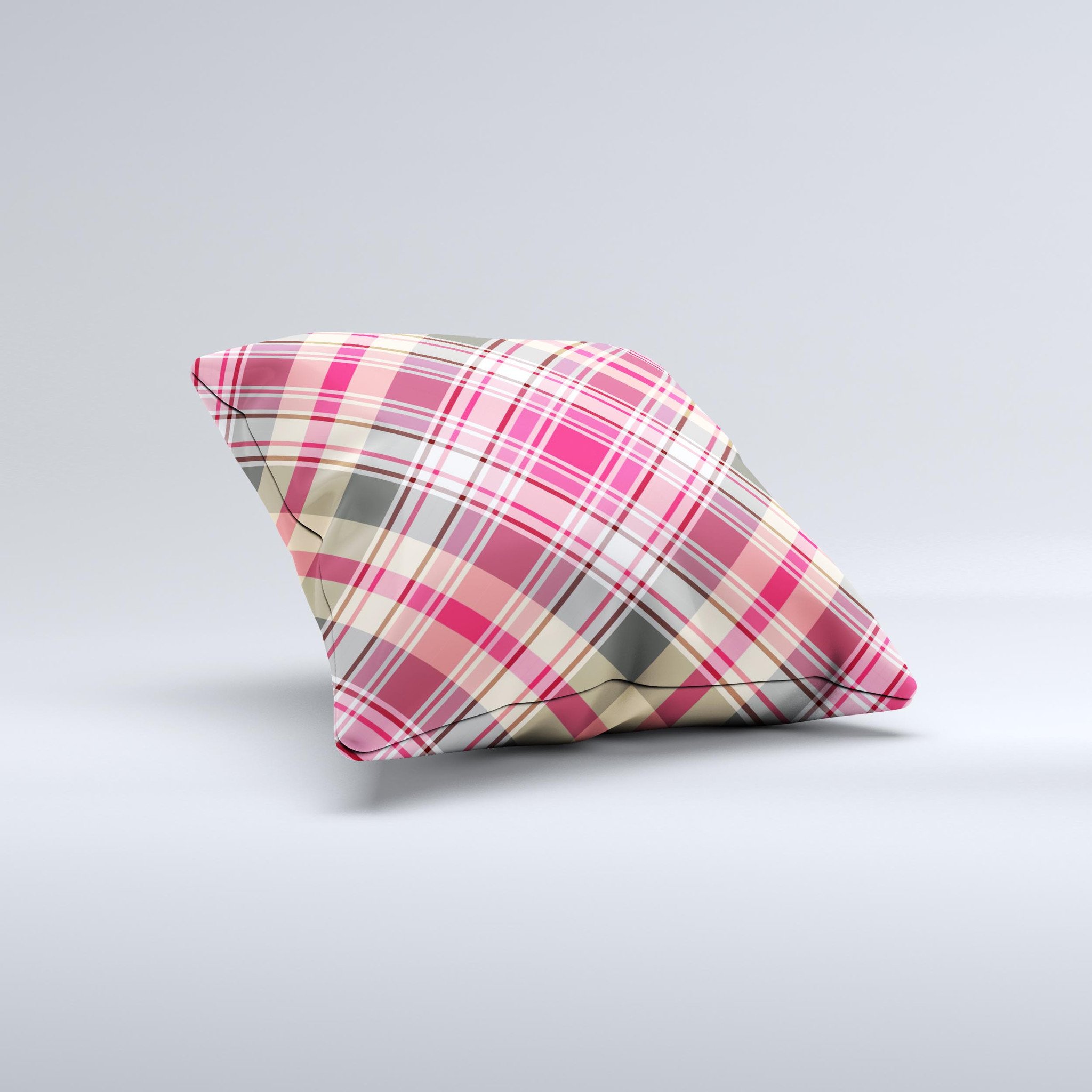 Pink and tan plaid layered pattern decorative throw pillow, handmade in Virginia with high thread count fabric and non-allergenic filling.