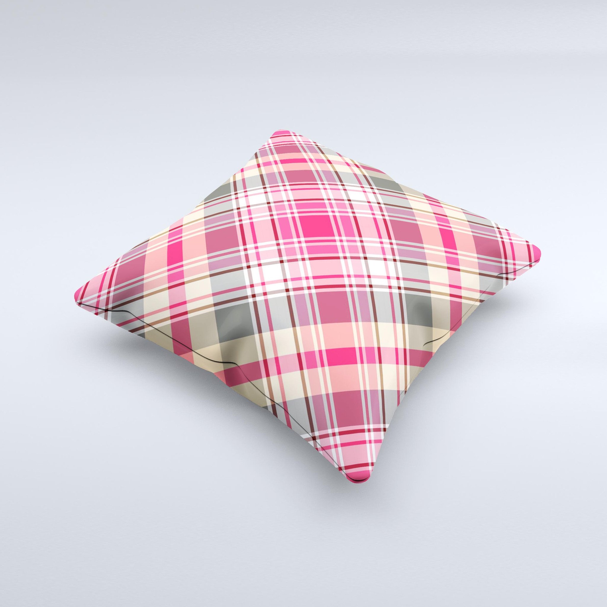 Pink and tan plaid layered pattern decorative throw pillow, handmade in Virginia with high thread count fabric and non-allergenic filling.