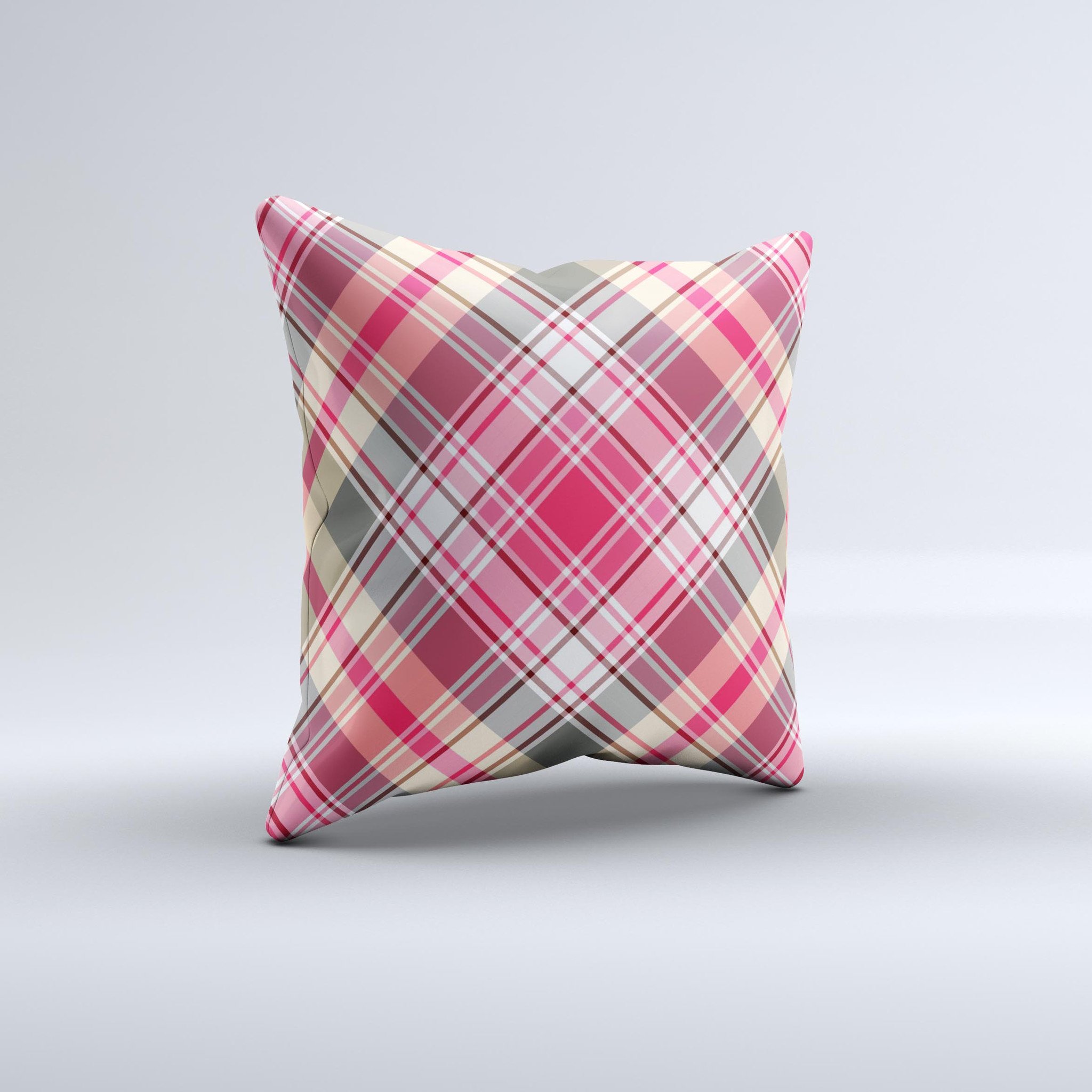 Pink and tan plaid layered pattern decorative throw pillow, handmade in Virginia with high thread count fabric and non-allergenic filling.