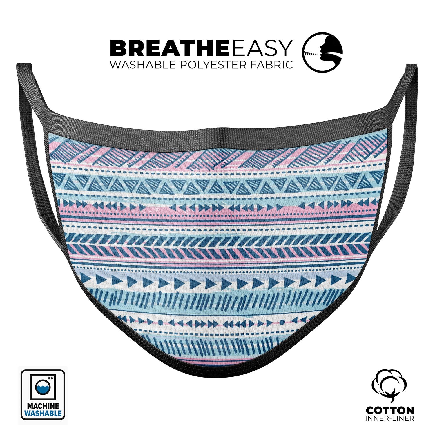 A vibrant pink to blue tribal sketch pattern mouth cover, showcasing its unique design and adjustable ear loops.