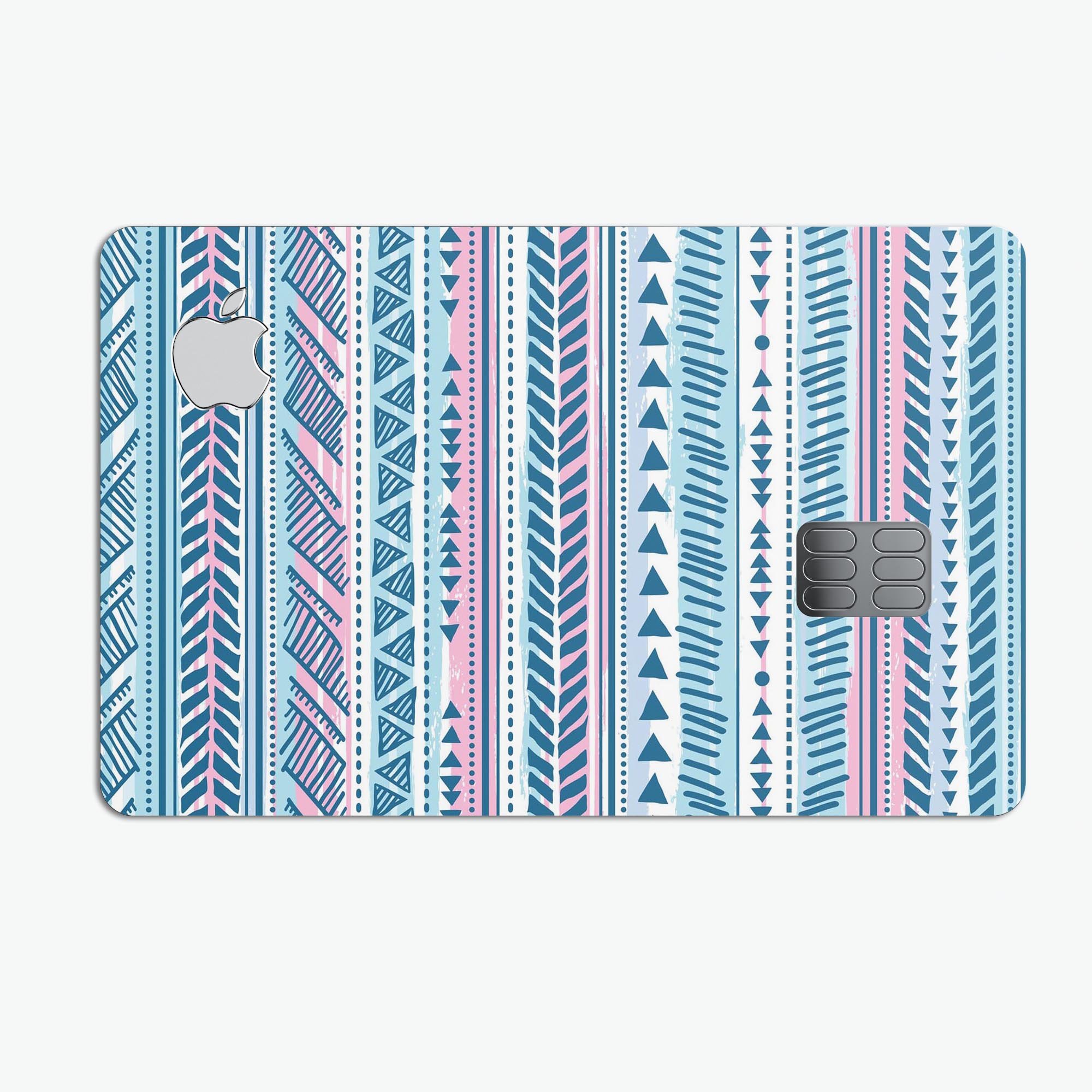 Pink to Blue Tribal Sketch Pattern decal skin for Apple Card, showcasing vibrant colors and intricate tribal design.