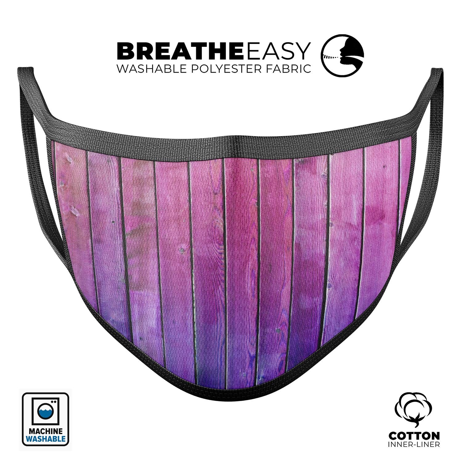 A stylish Pink to Purple Wood Plank Gradient mouth cover, showcasing a vibrant gradient design, made in the USA.