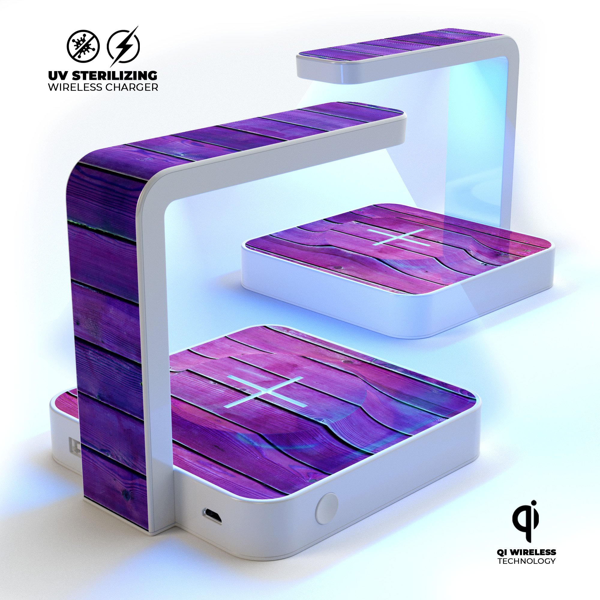 Pink to Purple Wood Plank Gradient UV Germicidal Sanitizing Wireless Charger with decorative skin, showcasing its sleek design and functionality.