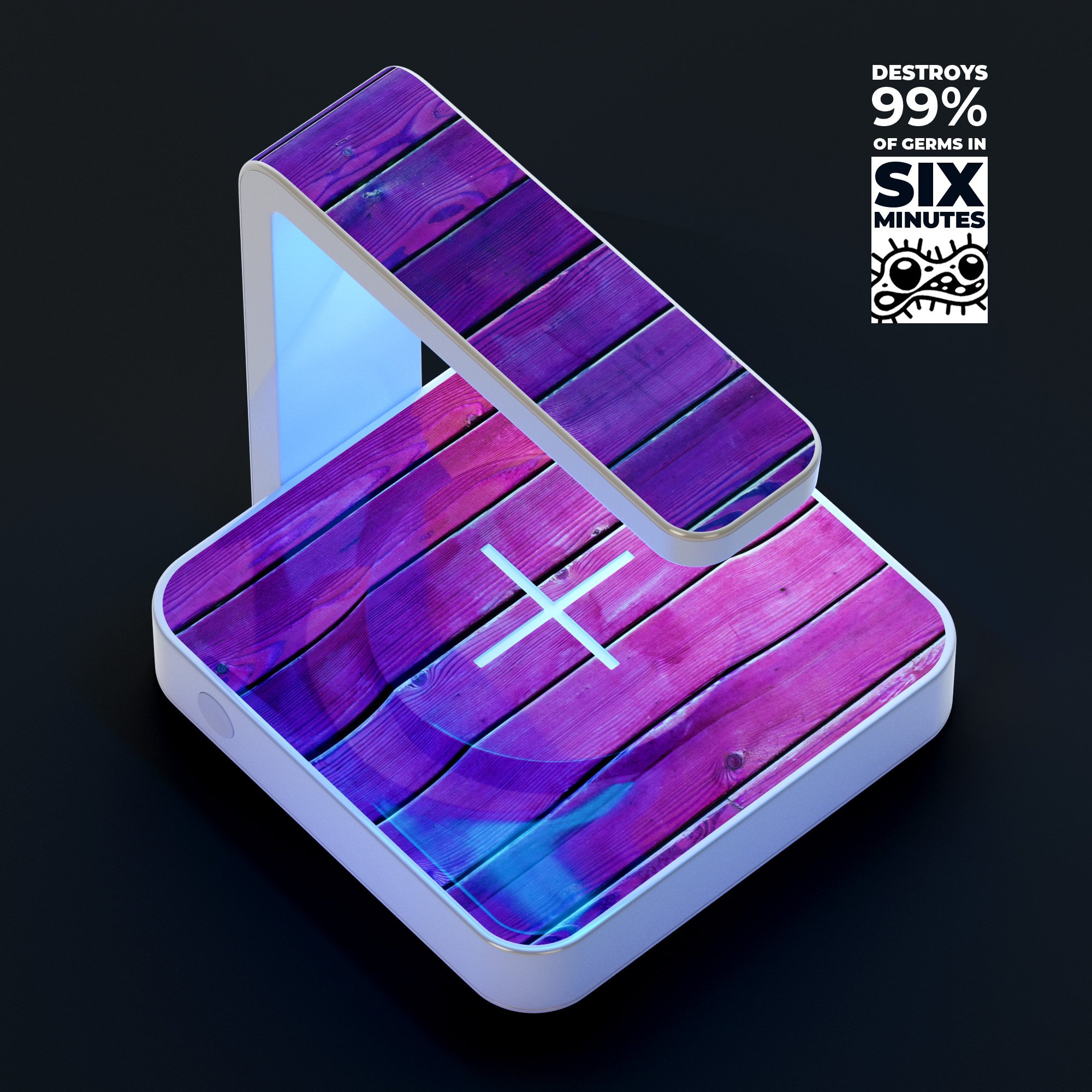 Pink to Purple Wood Plank Gradient UV Germicidal Sanitizing Wireless Charger with decorative skin, showcasing its sleek design and functionality.