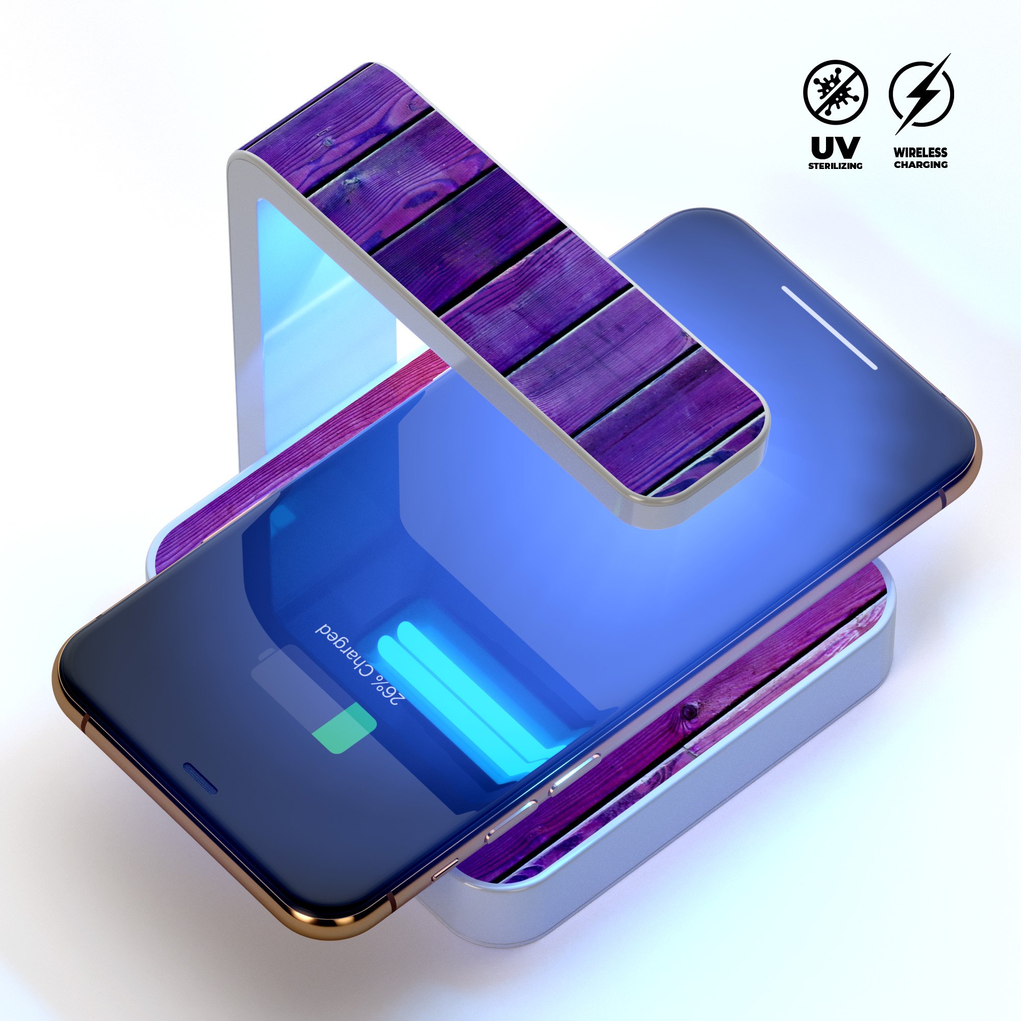 Pink to Purple Wood Plank Gradient UV Germicidal Sanitizing Wireless Charger with decorative skin, showcasing its sleek design and functionality.