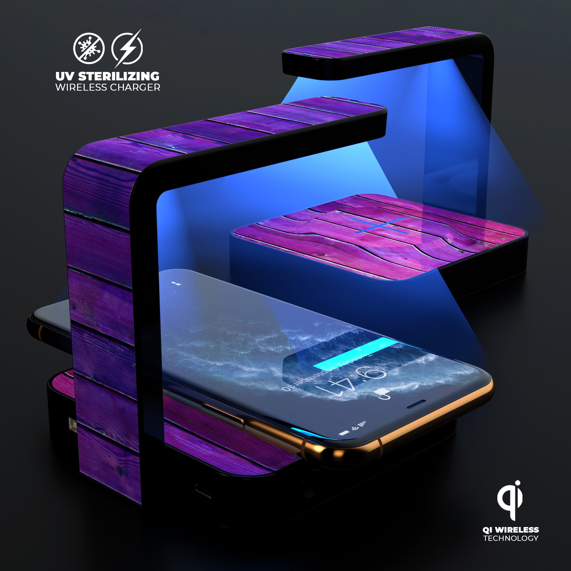 Pink to Purple Wood Plank Gradient UV Germicidal Sanitizing Wireless Charger with decorative skin, showcasing its sleek design and functionality.