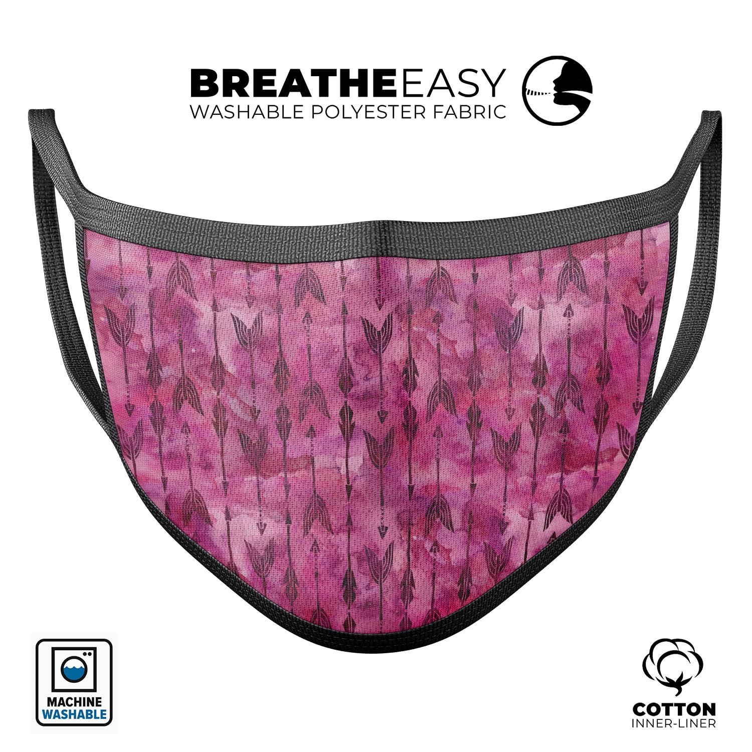 Pink Tribal Arrow Pattern mouth cover, featuring a unique tribal design, made from soft cotton and memory foam for comfort.