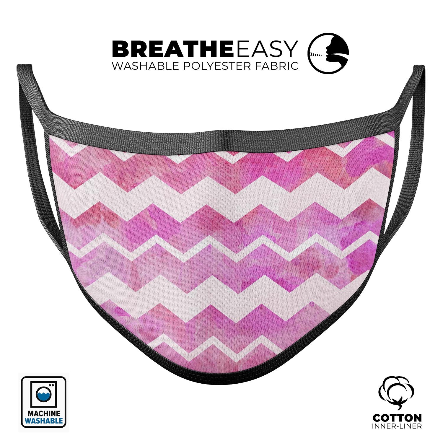 Pink water color face mask with white chevron pattern, showcasing adjustable ear loops and soft cotton material.