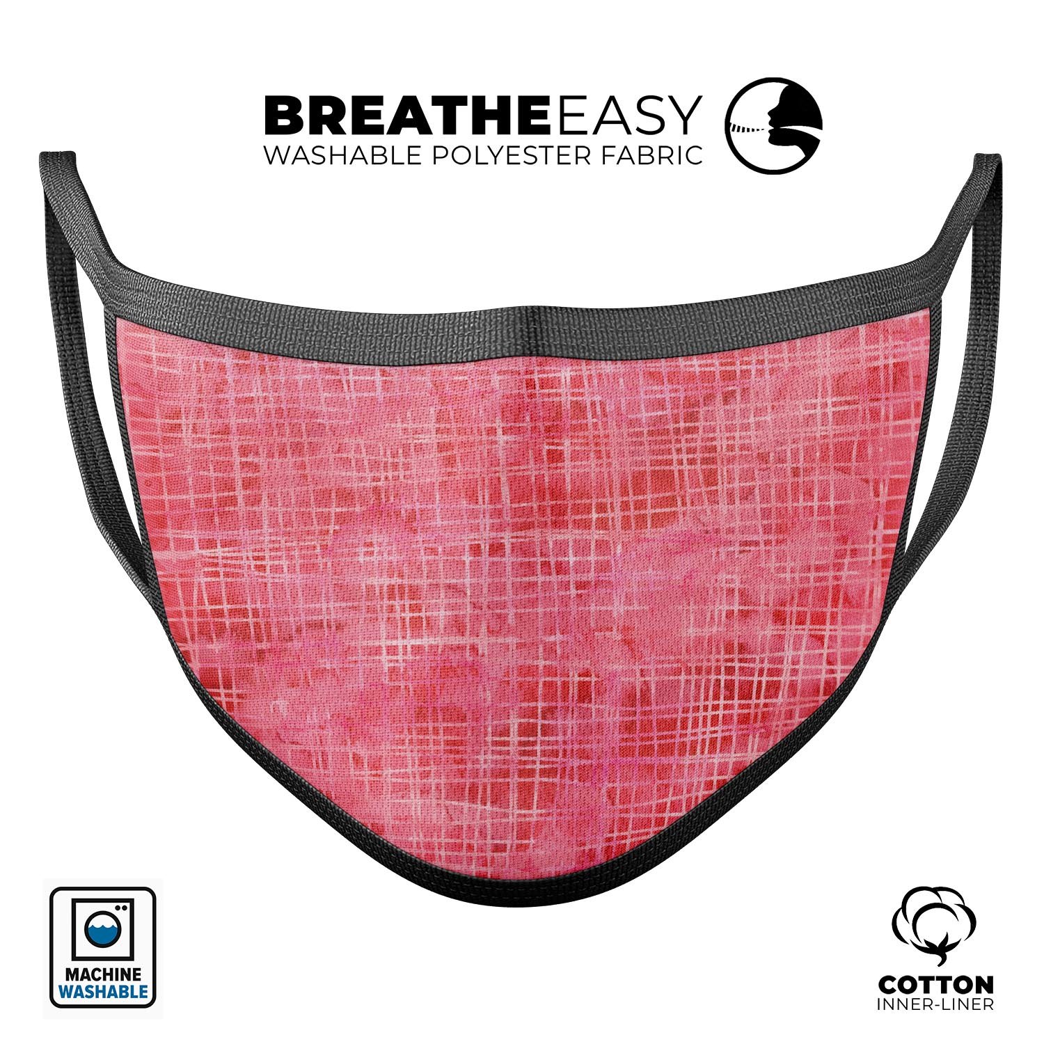 Pink Watercolor Cross Hatch face mask, showcasing a vibrant design with adjustable ear loops, made from soft cotton and memory foam.