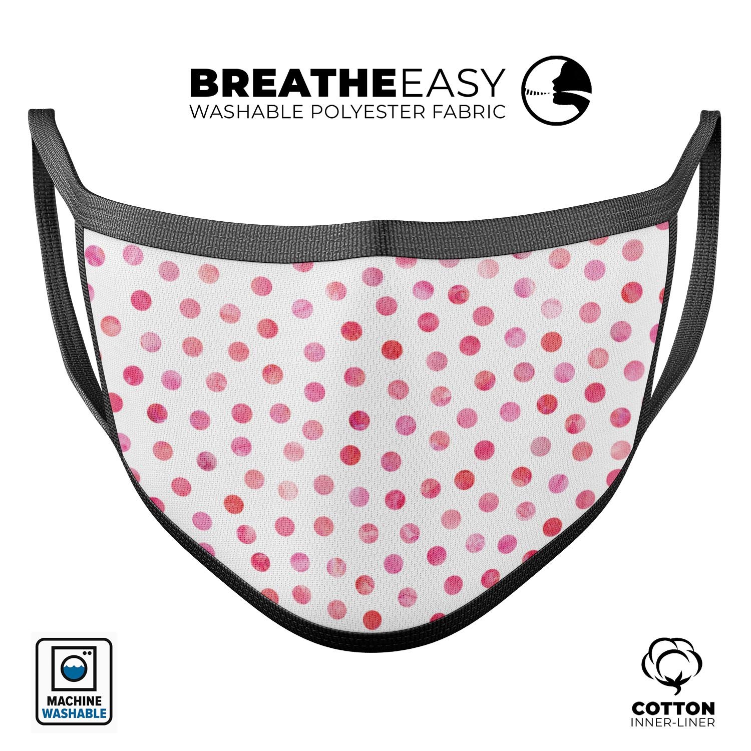 Pink watercolor dots pattern on a white reusable face mask, showcasing adjustable ear loops and soft cotton material.